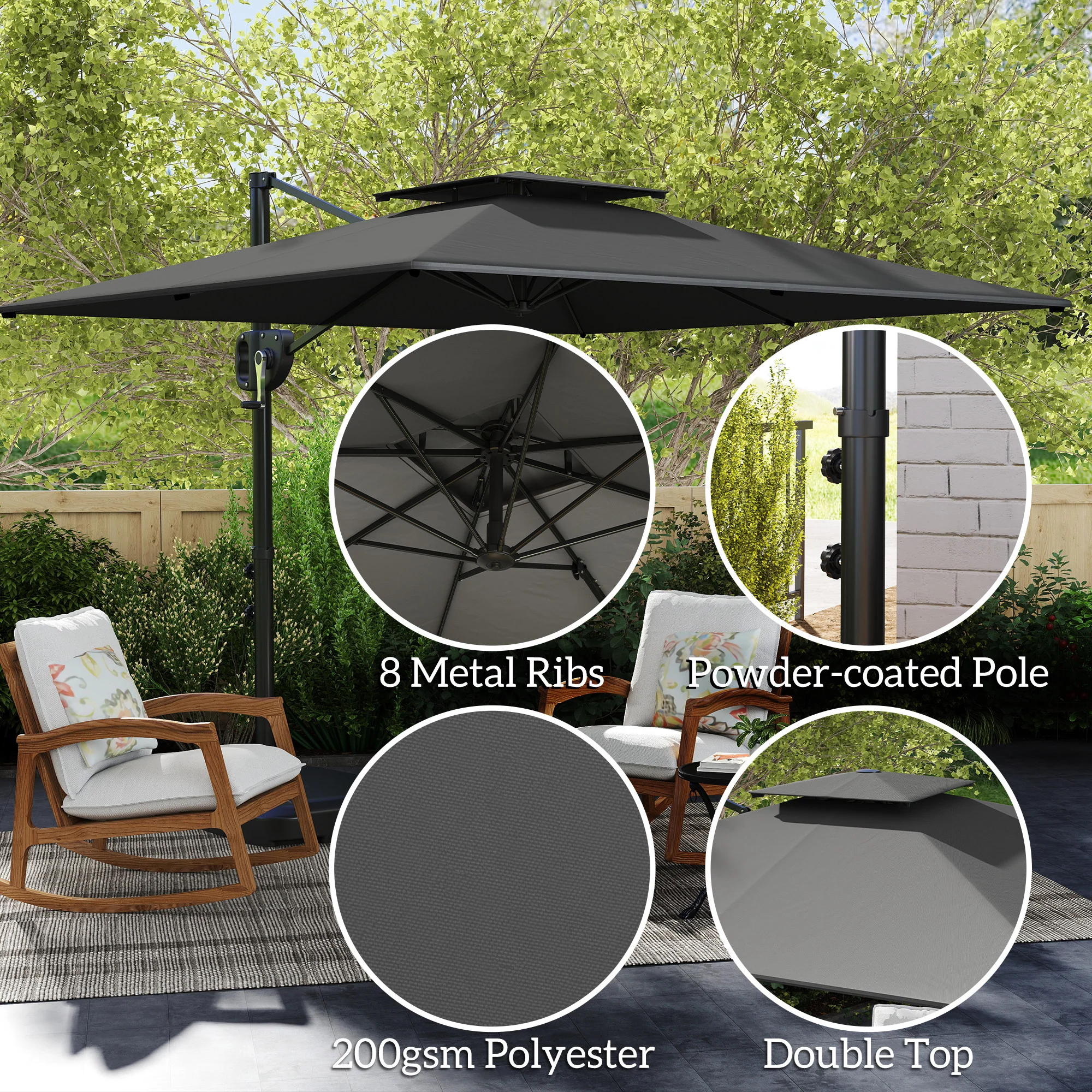 Square Cantilever Patio Umbrella, Double Top Patio Hanging Offset Umbrella with Crank & Tilt, 8' x 9', Dark Grey - Image 7