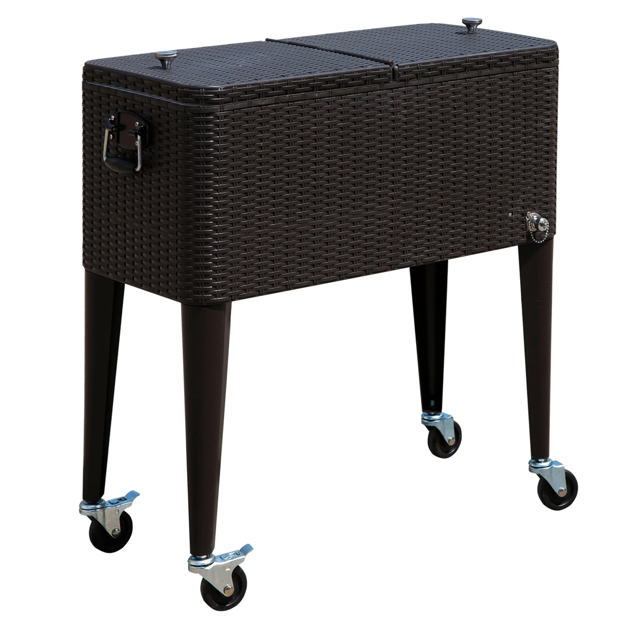 80 Quart Rolling Cooler with Bottle Opener and Storage Shelf,Brown Wicker