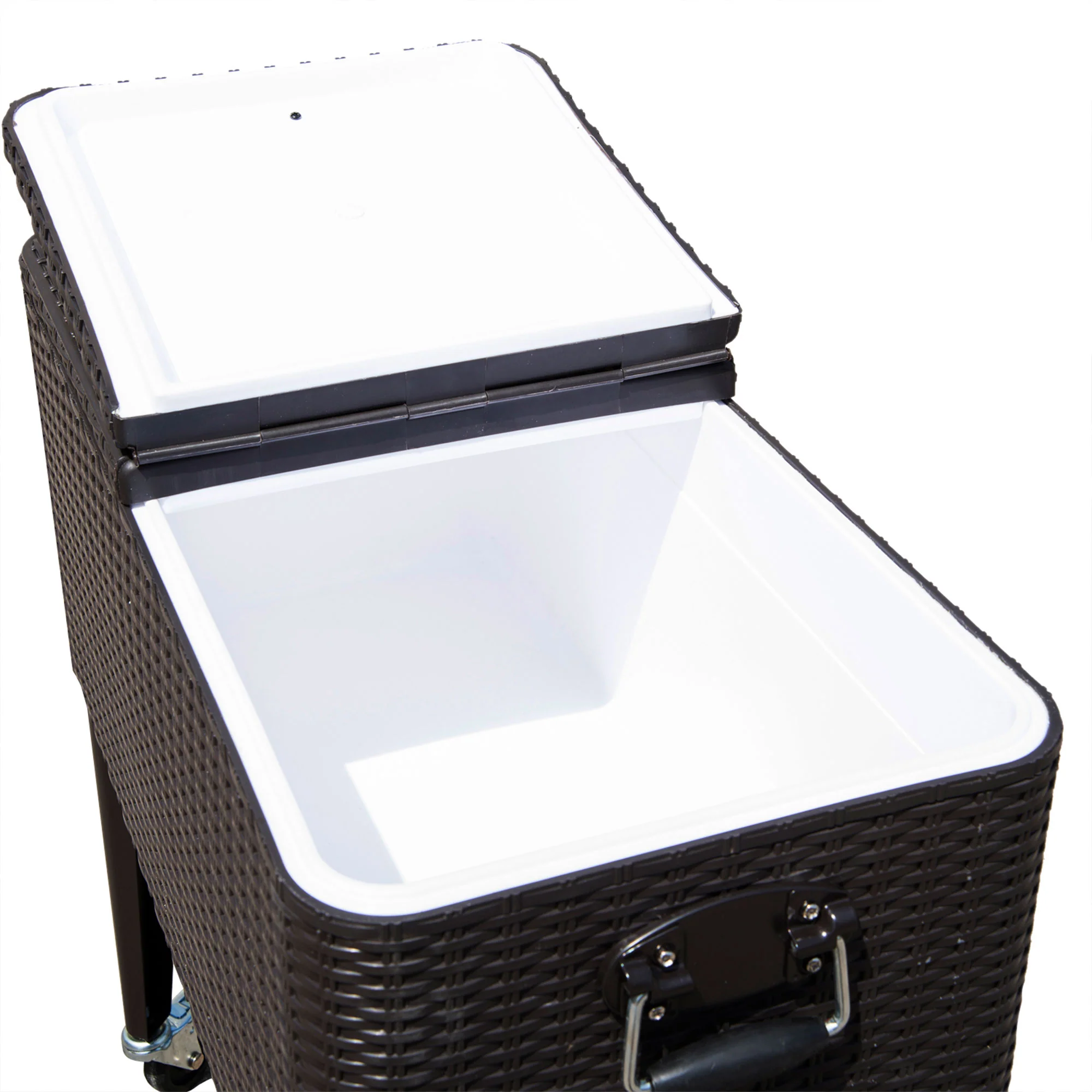80 Quart Rolling Cooler with Bottle Opener and Storage Shelf,Brown Wicker - Image 10