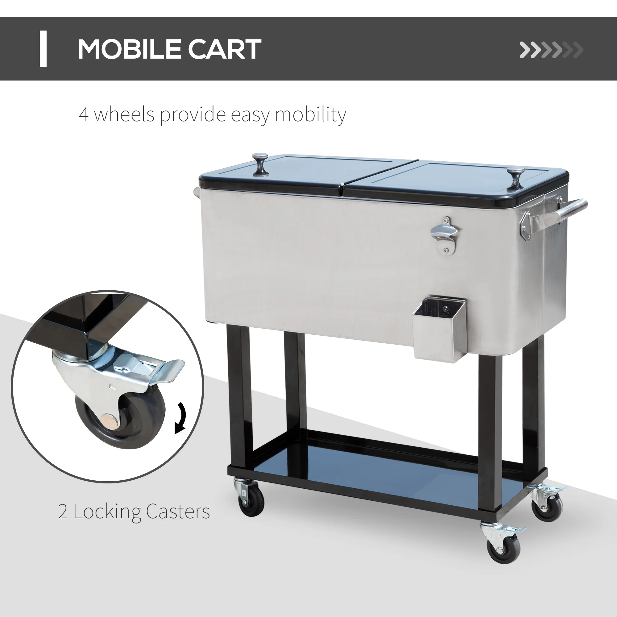 80 Quart Rolling Cooler with Bottle Opener and Storage Shelf,Silver - Image 6
