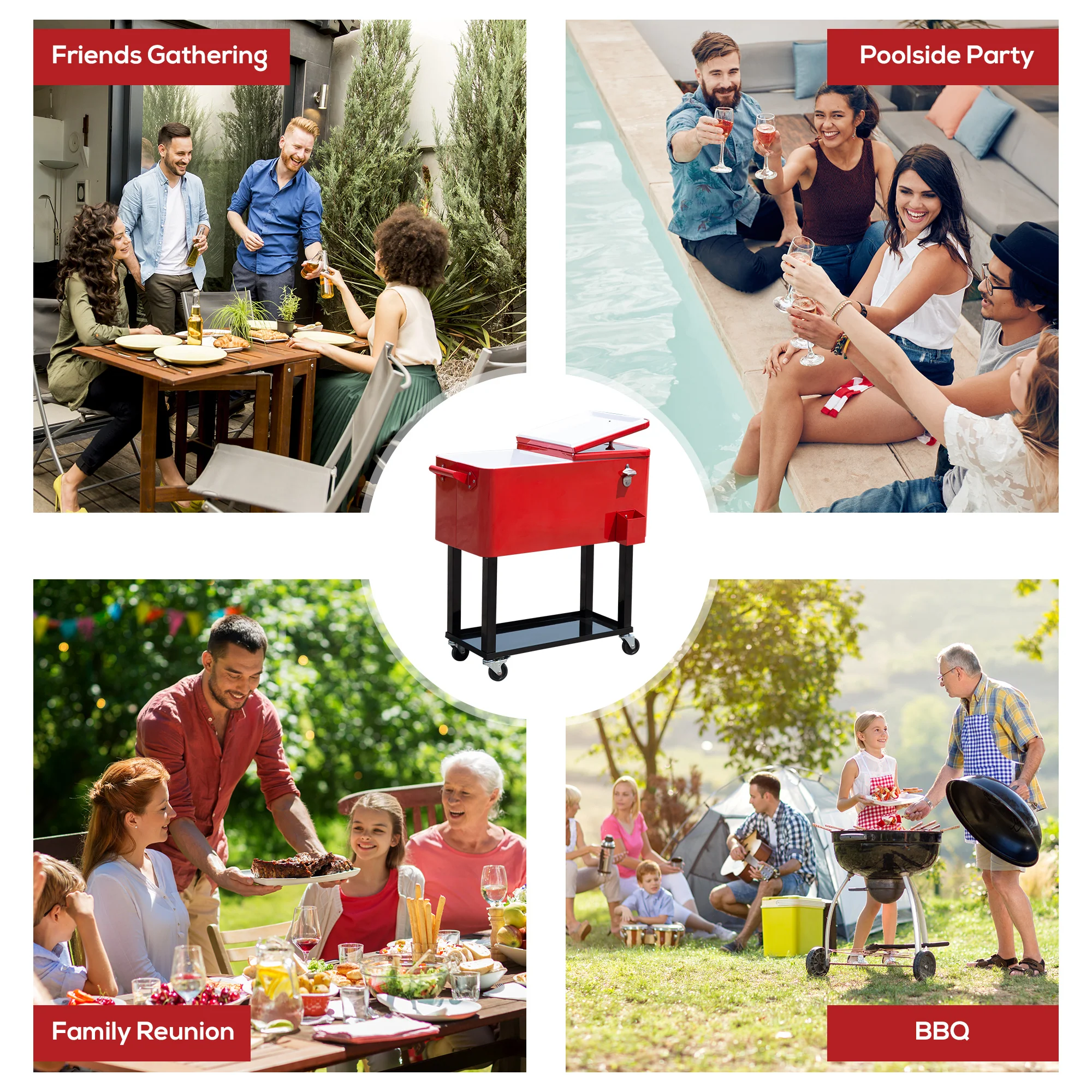 80 Quart Rolling Cooler with Bottle Opener and Storage Shelf,Red - Image 9