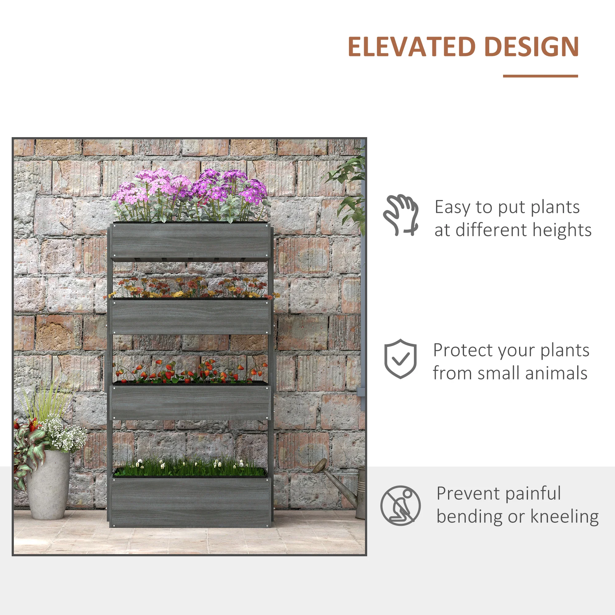 80cm x 45cm x 142cm 4-Tier Raised Garden Bed, Fir Wood Vertical Planter Box, Freestanding Elevated Plant Stand for Indoor Outdoor Use, Grey - Image 7