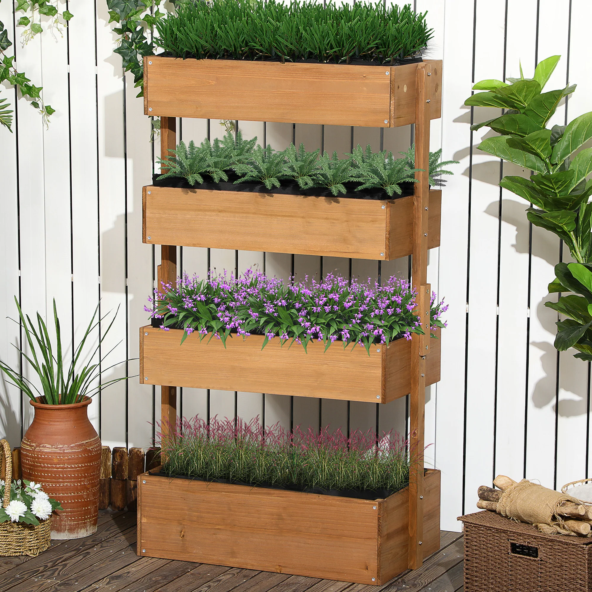 80cm x 45cm x 142cm 4-Tier Raised Garden Bed, Fir Wood Vertical Planter Box, Freestanding Elevated Plant Stand for Indoor Outdoor Use, Orange - Image 4