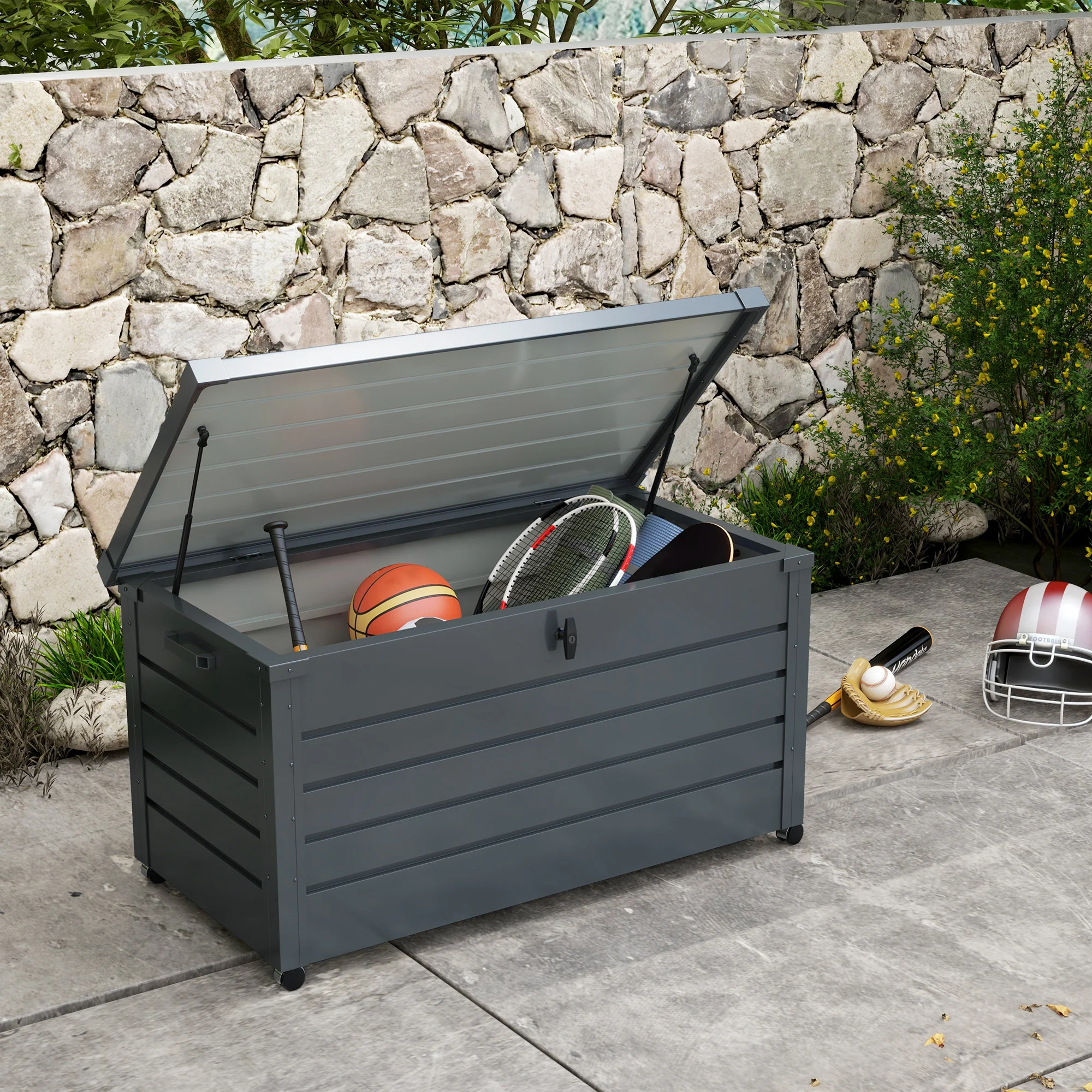 82 Gallon Garden Storage Box, Waterproof Outdoor Storage Container with Wheels and Handles, Dark Grey - Image 3