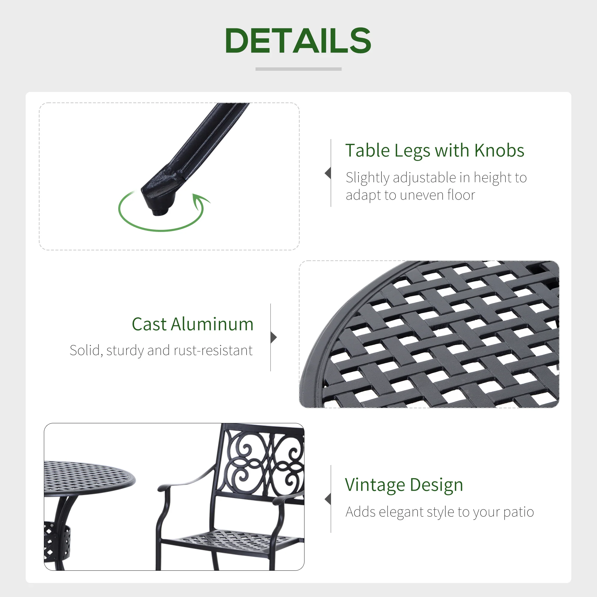 85cm Round Garden Dining Table with 46.5mm Dia. Umbrella Hole, Cast Aluminium Outdoor Dining Table, Grid Motif Outdoor Table for Garden, Patio, Porch, Black - Image 7
