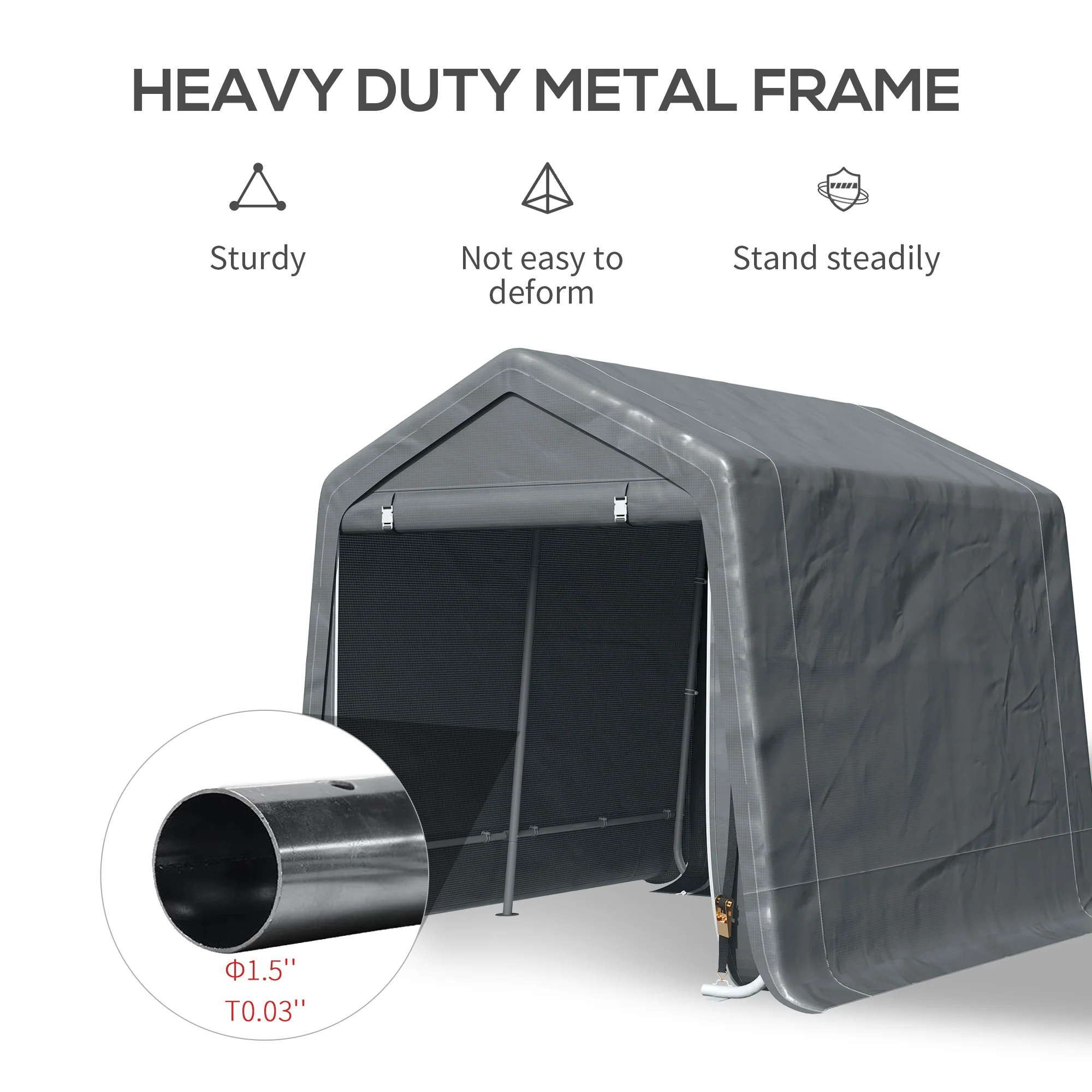 9.2' x 7.9' Garden Storage Tent, Heavy Duty Bike Shed, Patio Storage Shelter w/ Metal Frame and Double Zipper Doors, Dark Grey - Image 6