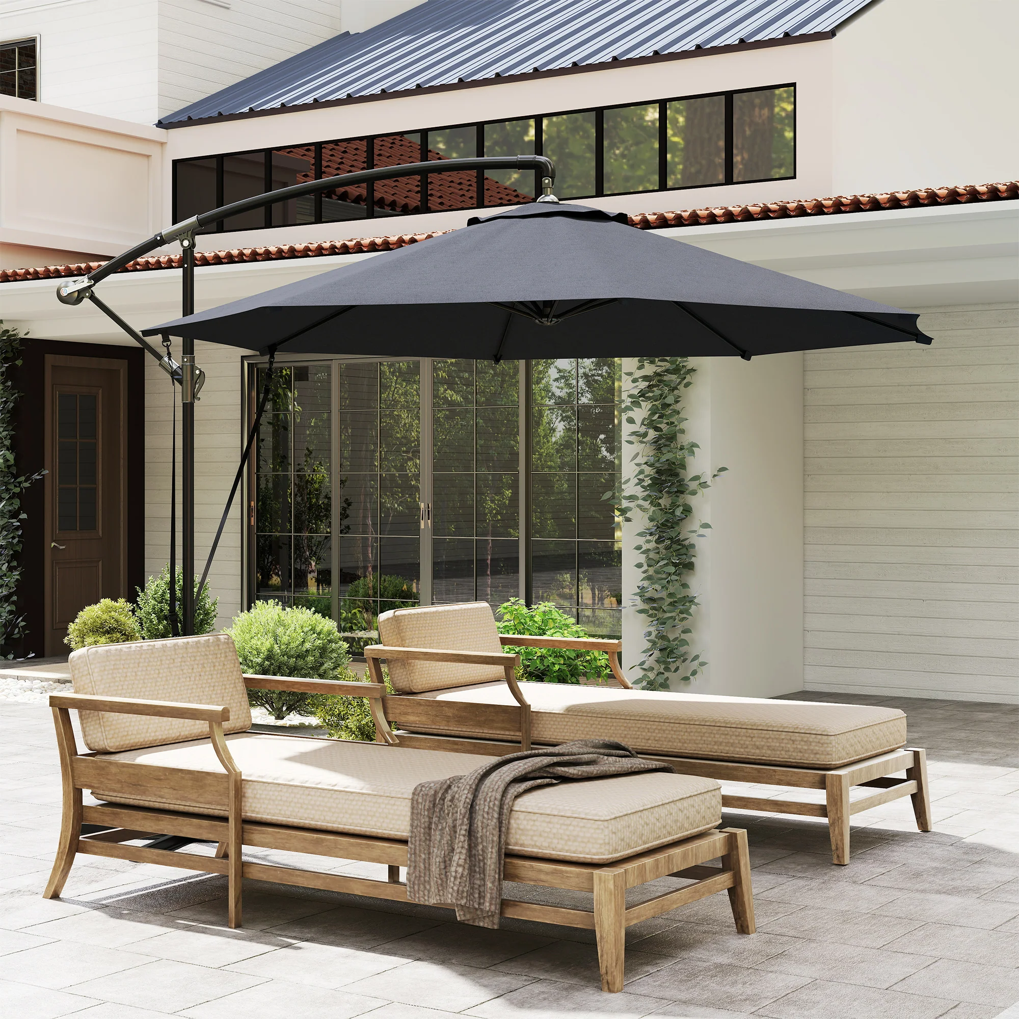 9.5' Cantilever Umbrella with Wind Protection Strap and Cover, Hanging Umbrella with Crank and Cross Base, UPF 50+, Grey - Image 11