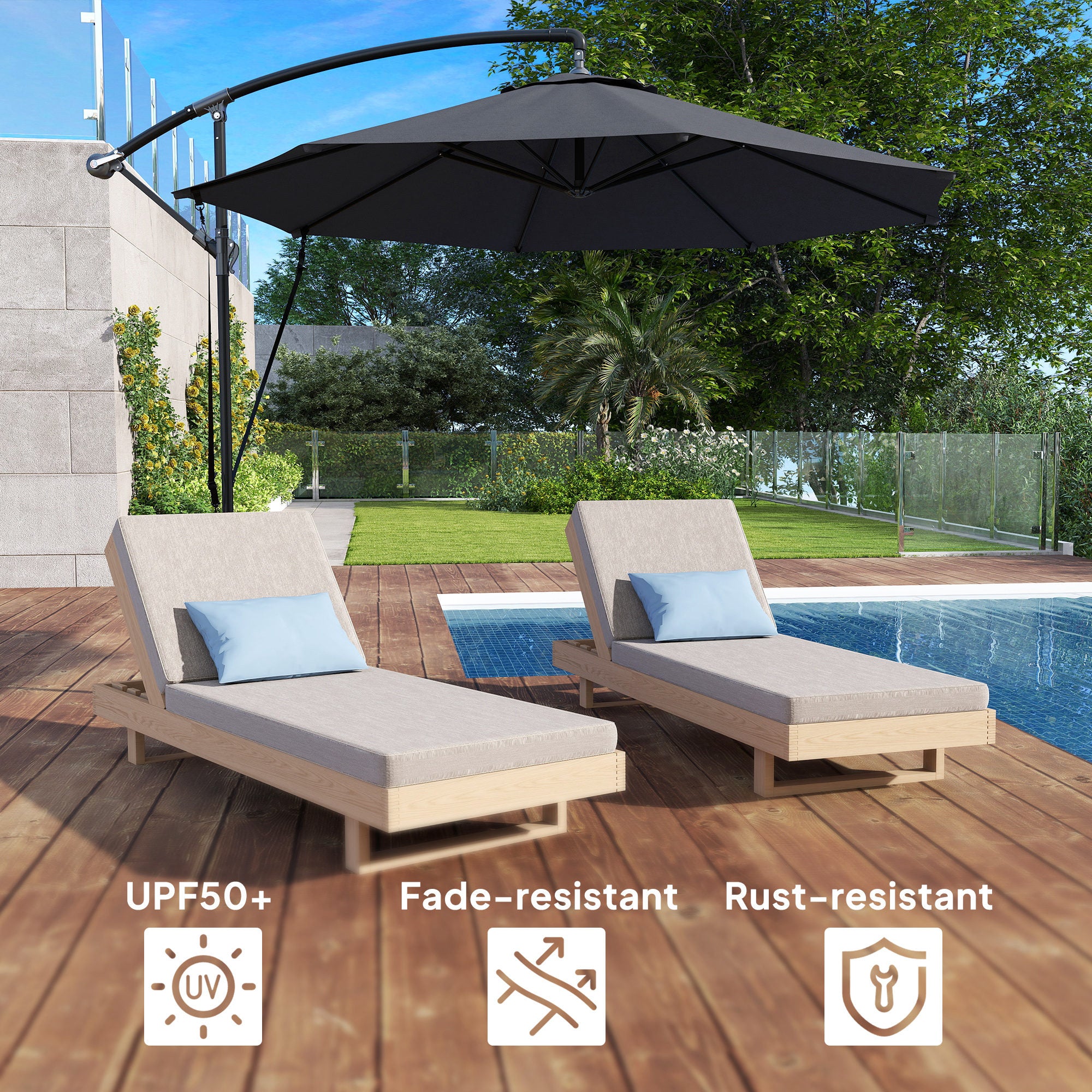 9.5' Cantilever Umbrella with Wind Protection Strap and Cover, Hanging Umbrella with Crank and Cross Base, UPF 50+, Grey - Image 7