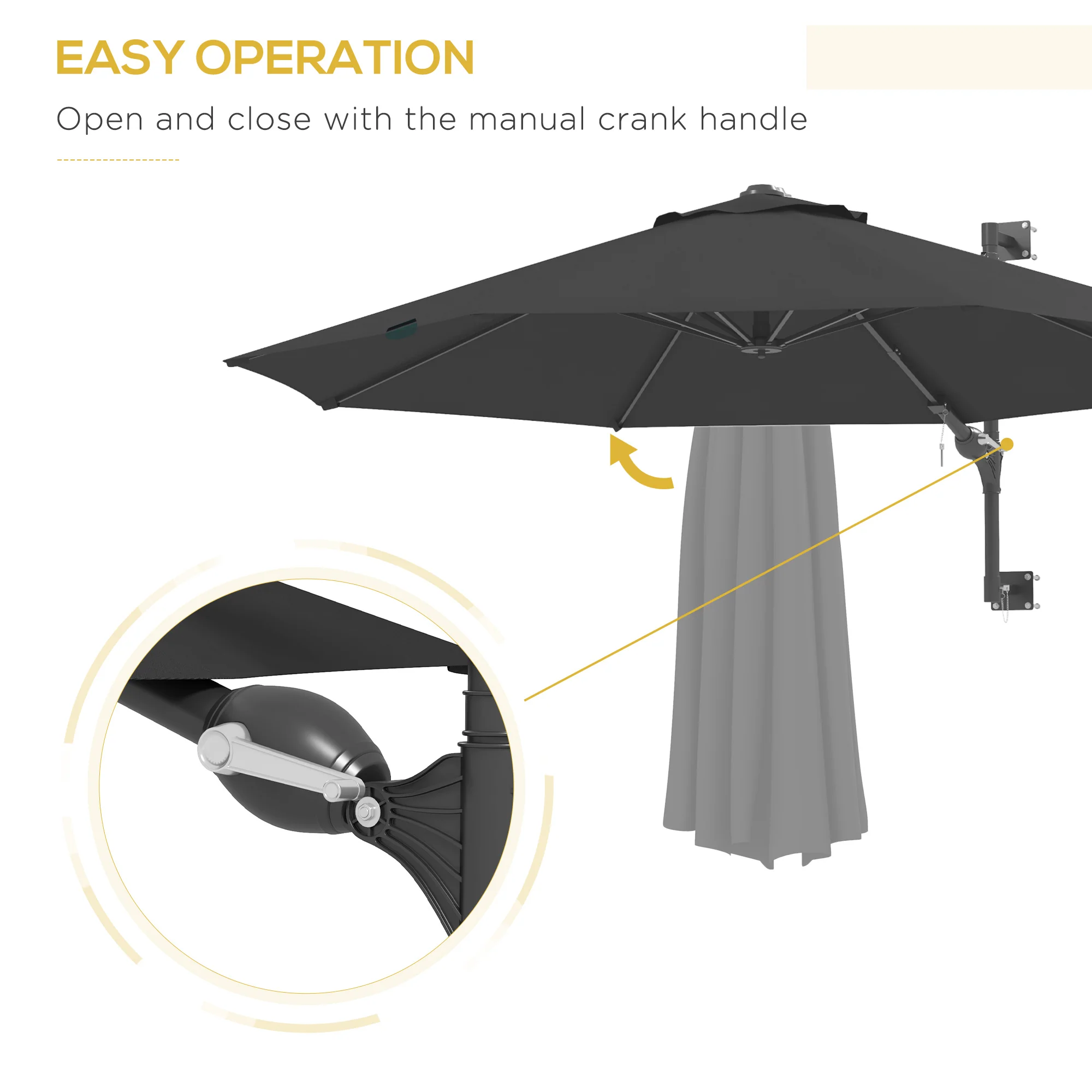 9.6' x 9.6' Wall Mounted Patio Umbrella with Rotation, Charcoal Grey - Image 7
