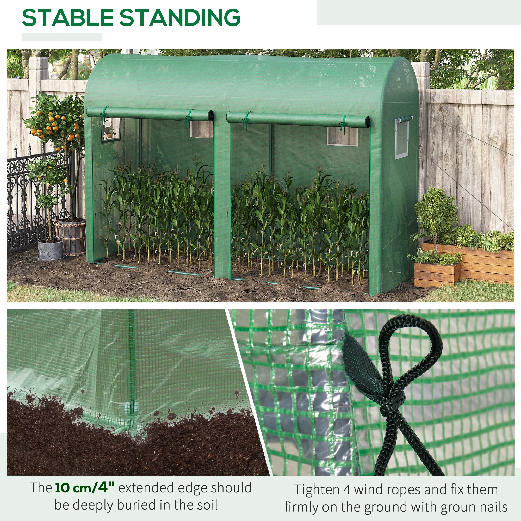9.8' x 3.3' x 6.6' Steel Frame Greenhouse with PE Cover & Windows, Green - Image 7