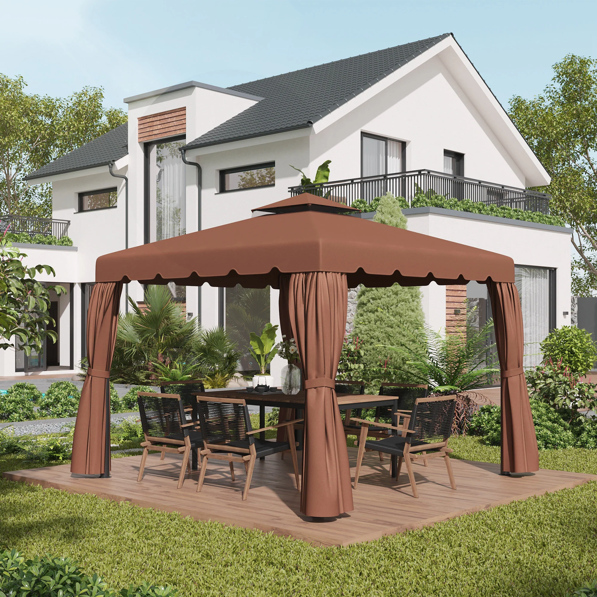 9.8' x 9.8' Gazebo Replacement Canopy with Double Vented Roof, TOP ONLY, Coffee - Image 3
