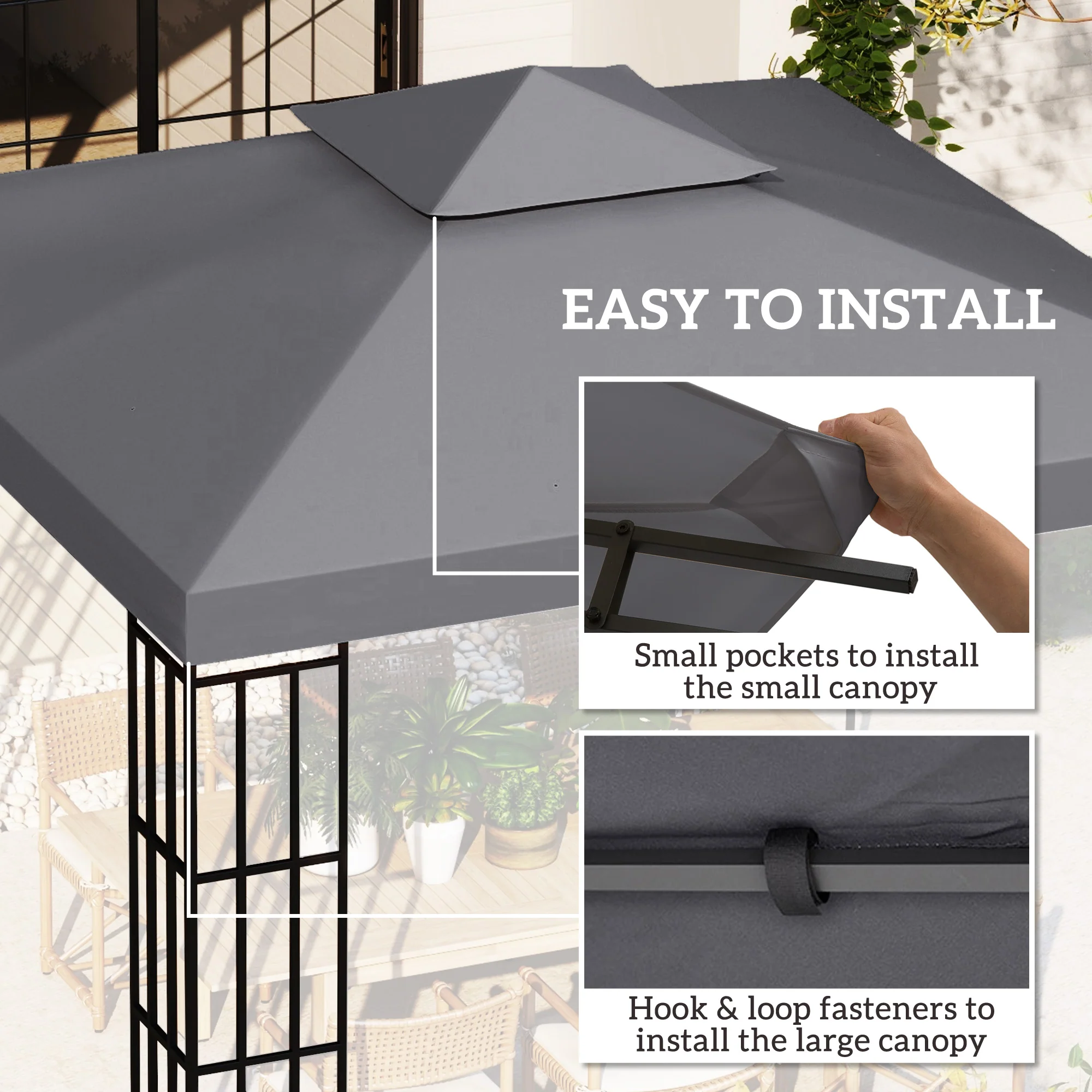 9.8' x 9.8' 2-Tier Gazebo Replacement Canopy, Dark Grey - Image 7