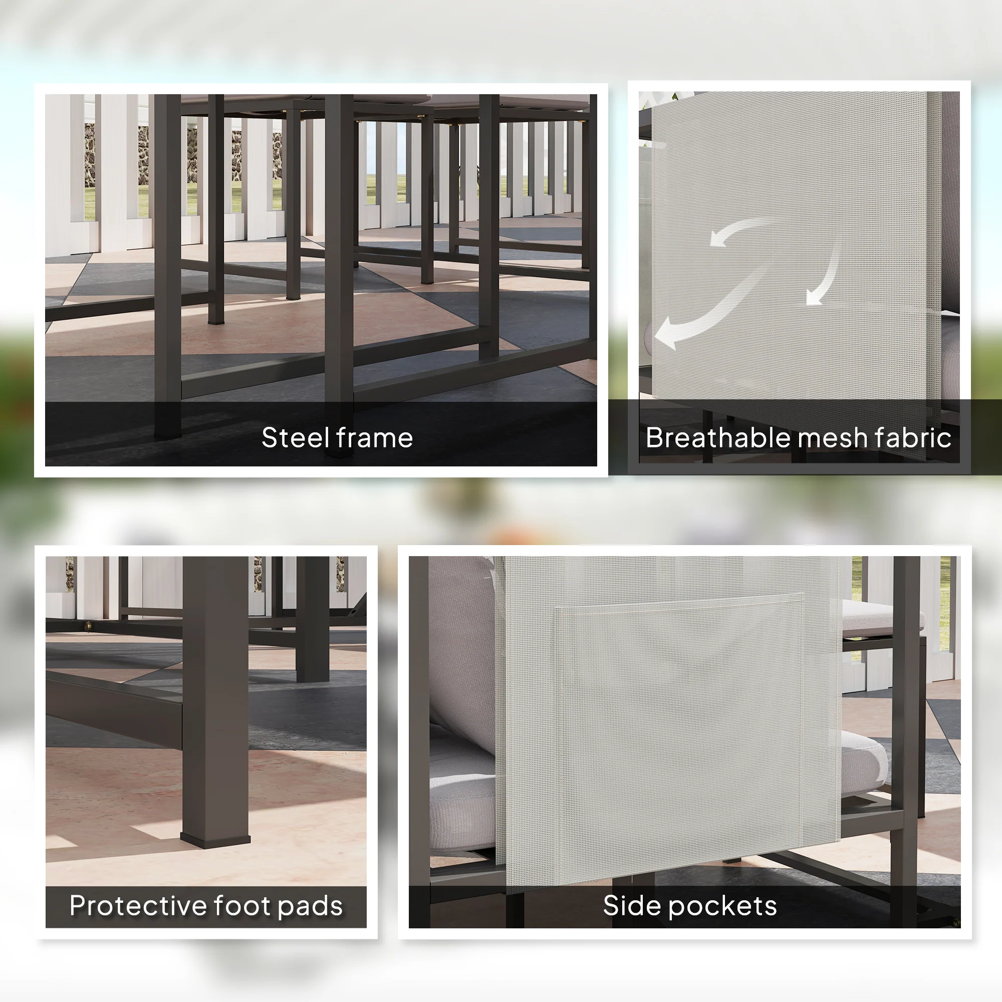 9 Piece Garden Dining Set, Cube Outdoor Garden Furniture Set with Cushions, 8 Seater Garden Table and Chairs with 4 Stools, Square PSPC Plastic Top Table, Side Pockets for Conservatory, Grey - Image 9