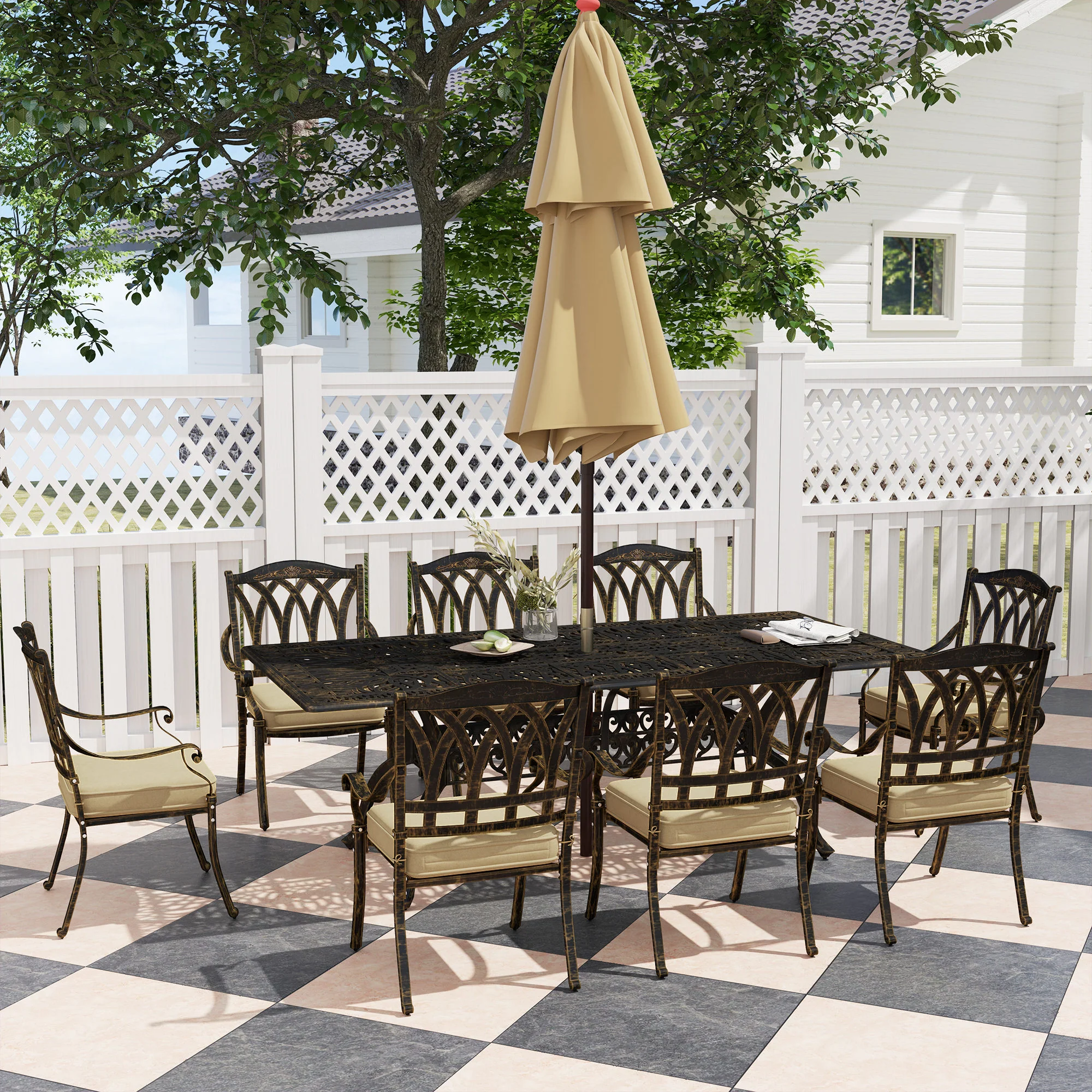 9 Pieces Cast Aluminium Garden Dining Set, 8 Seater Garden Table and Chairs with Parasol Hole, Outdoor Garden Furniture Set with Cushions for Patio, Bronze Tone - Image 3