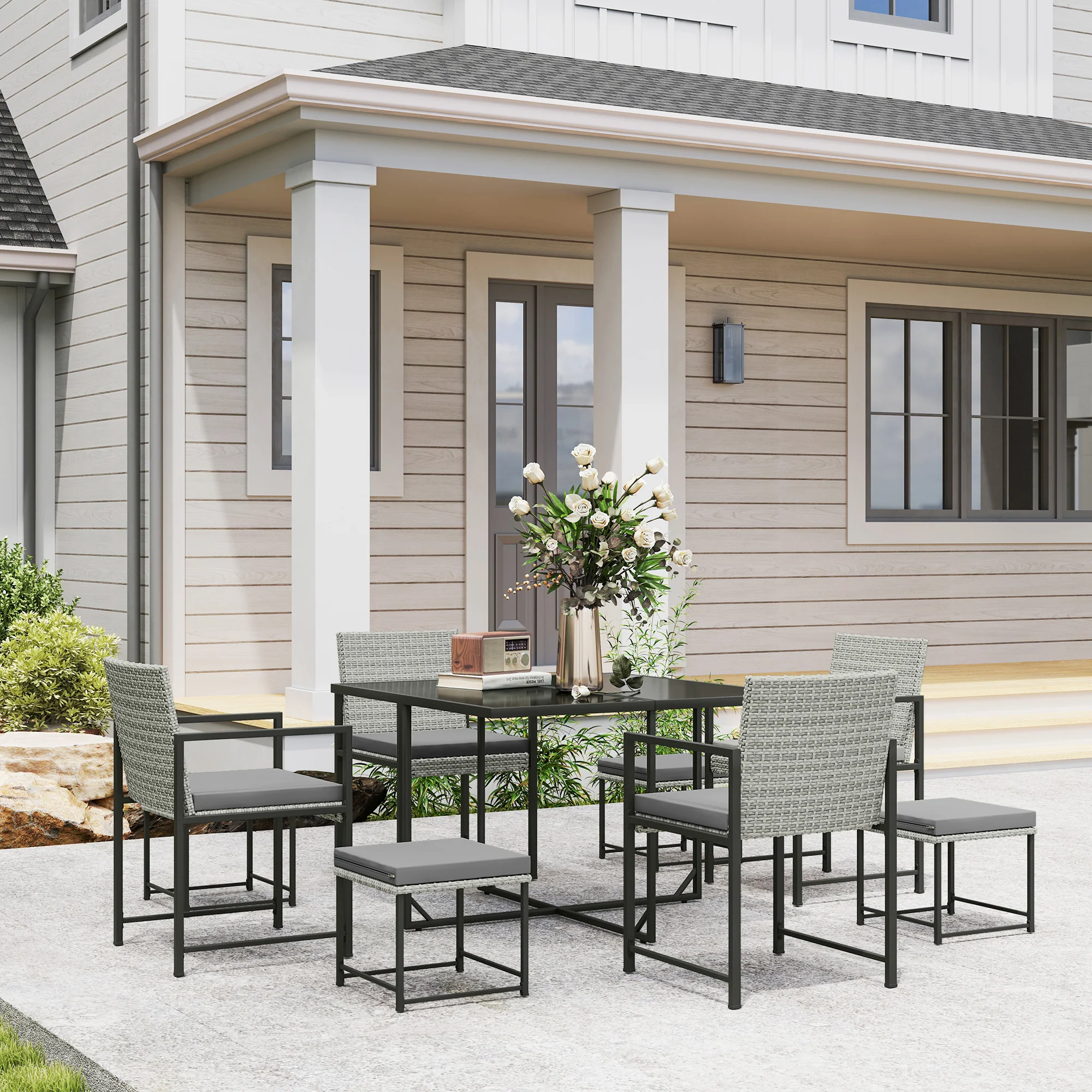 9 Pieces Wicker Patio Dining Set with 4 Armchairs, 4 Stools & Spacious Table, Light Grey - Image 4