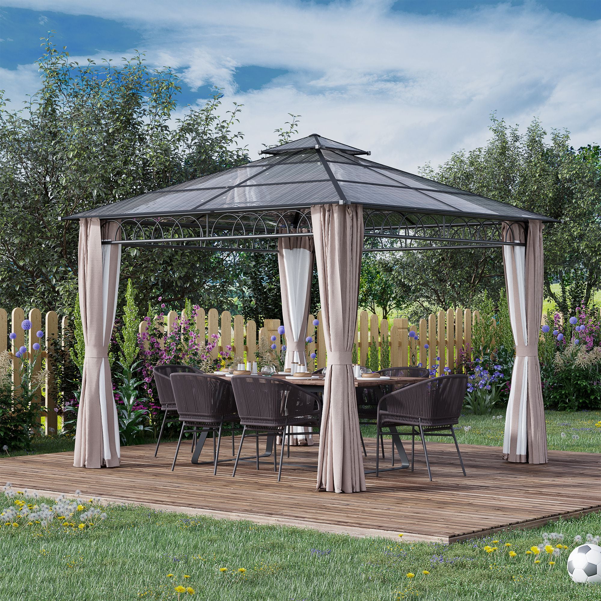 9' x 10' Outdoor Gazebo Canopy with Polycarbonate Roof, Nettings and Curtains, Khaki - Image 3