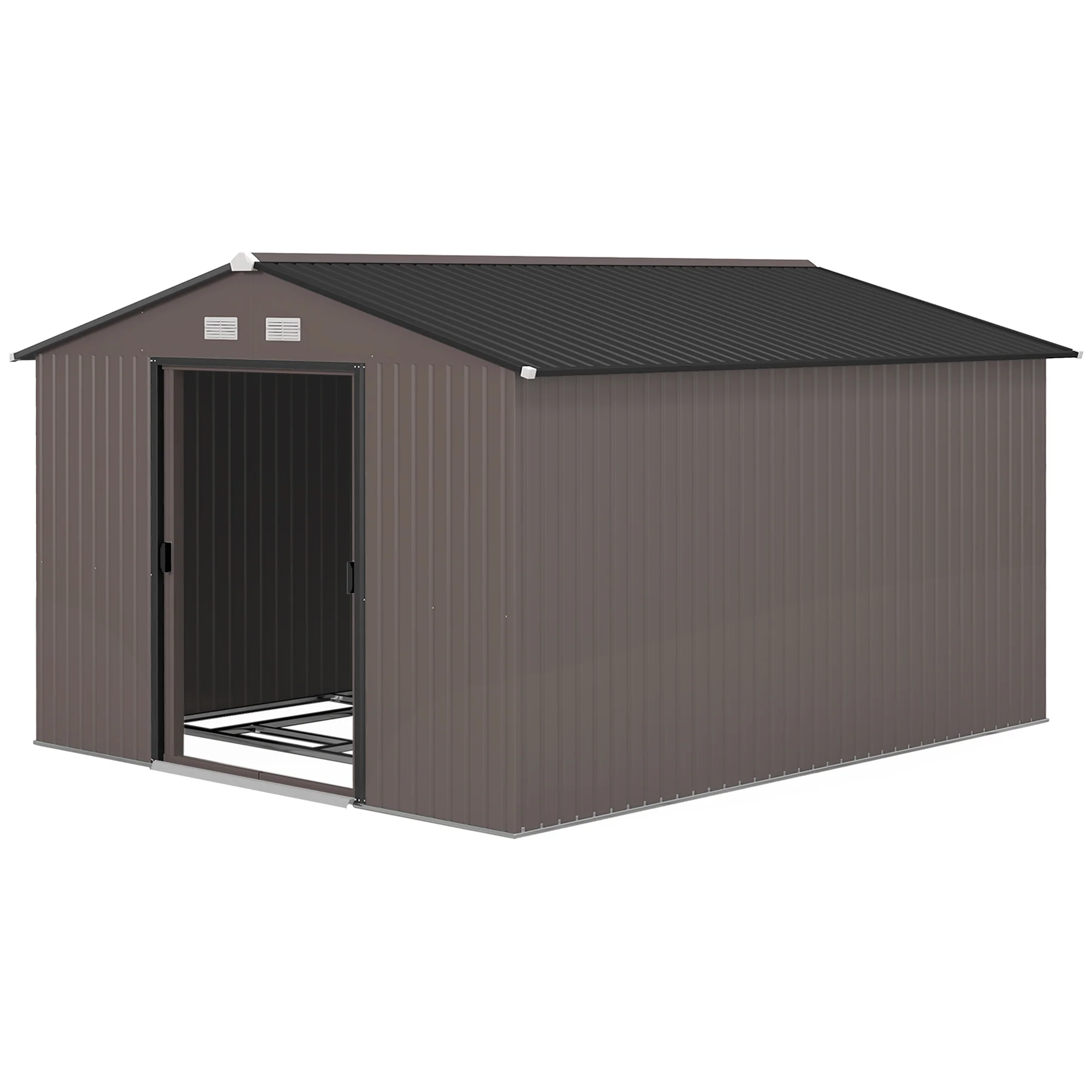 9' x 11' Metal Garden Storage Shed with Foundation Kit & Double Doors, Brown - Image 2