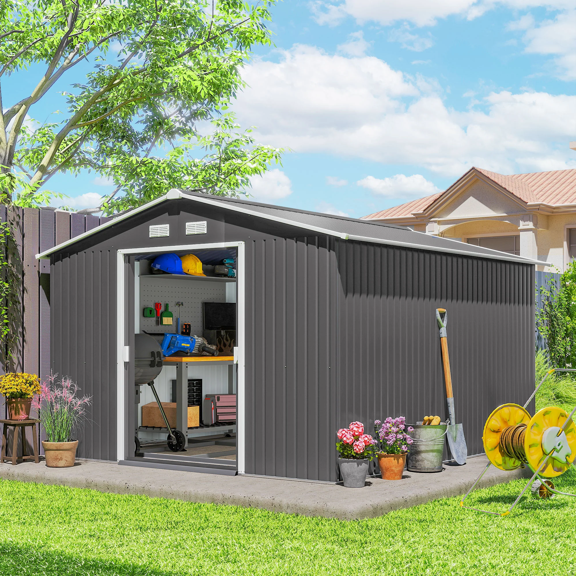 9' x 11' Metal Garden Storage Shed with Foundation Kit & Double Doors, Light Grey - Image 10