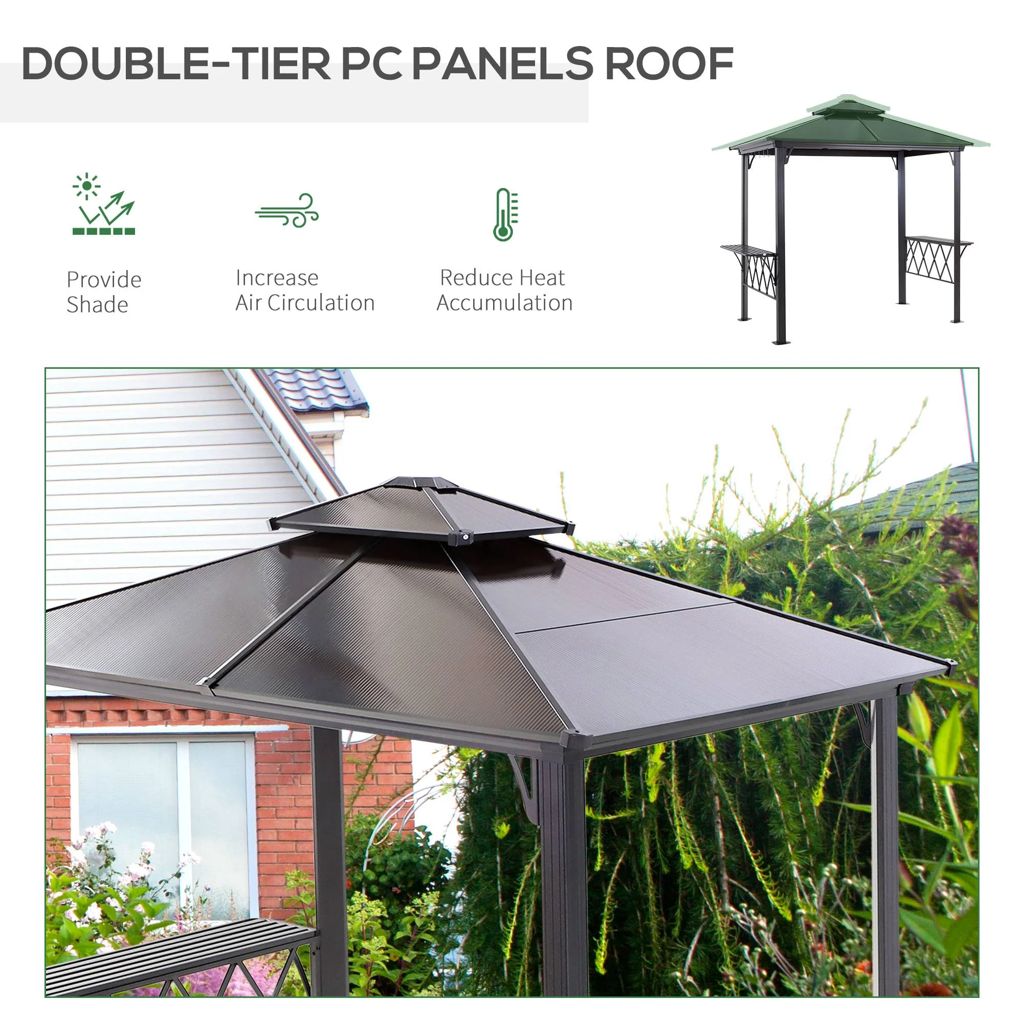 9' x 5' Hardtop Grill Gazebo with 2-Tier Polycarbonate Roof, Shelves & Hooks, Black/Coffee - Image 6