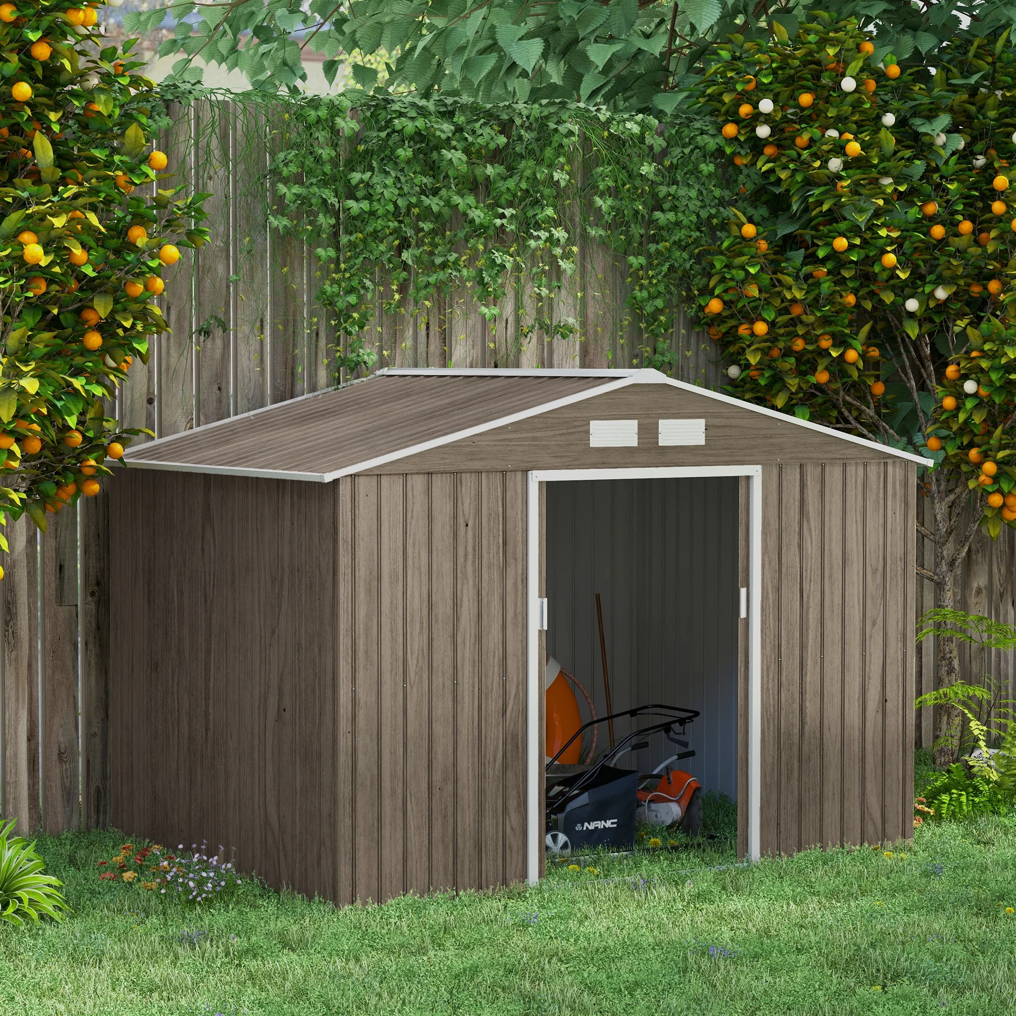 EverBase 9' x 6' Metal Garden Storage Shed with Foundation Kit & Double Doors, Distressed Light Brown - Image 3