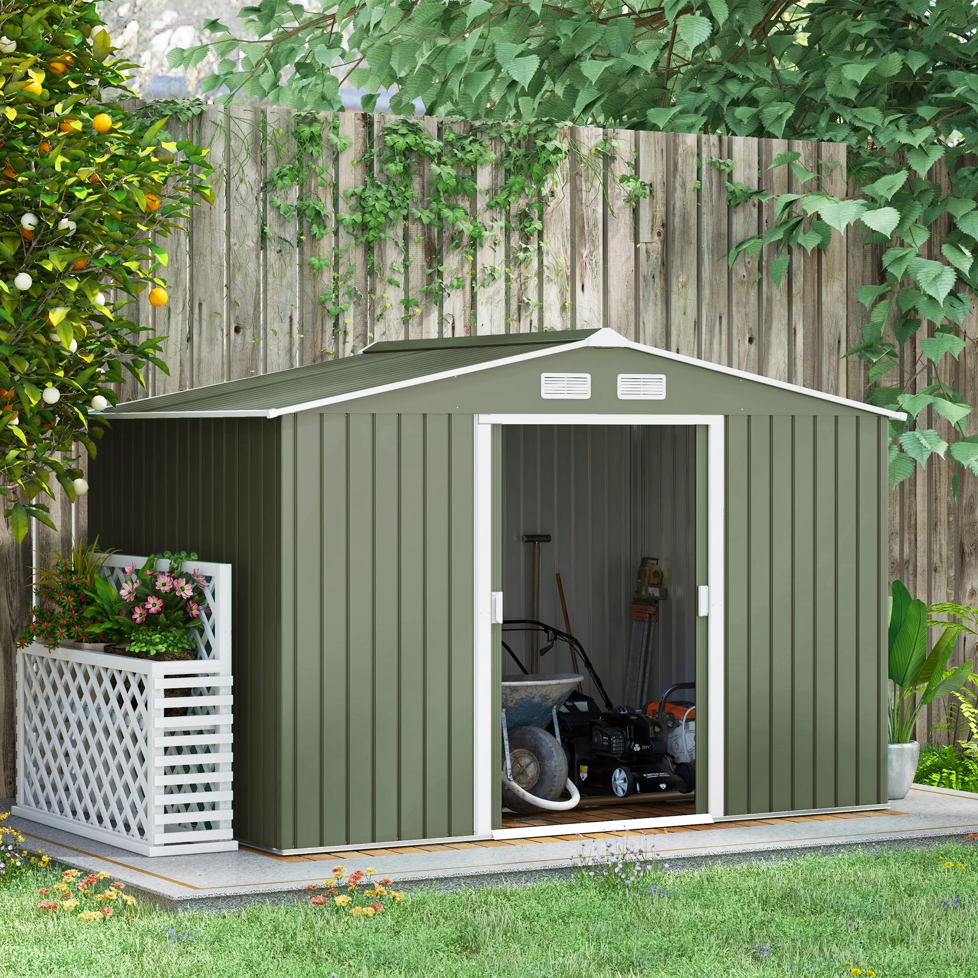 EverBase 9' x 6' Metal Garden Storage Shed with Foundation Kit & Double Doors, Light Green - Image 3