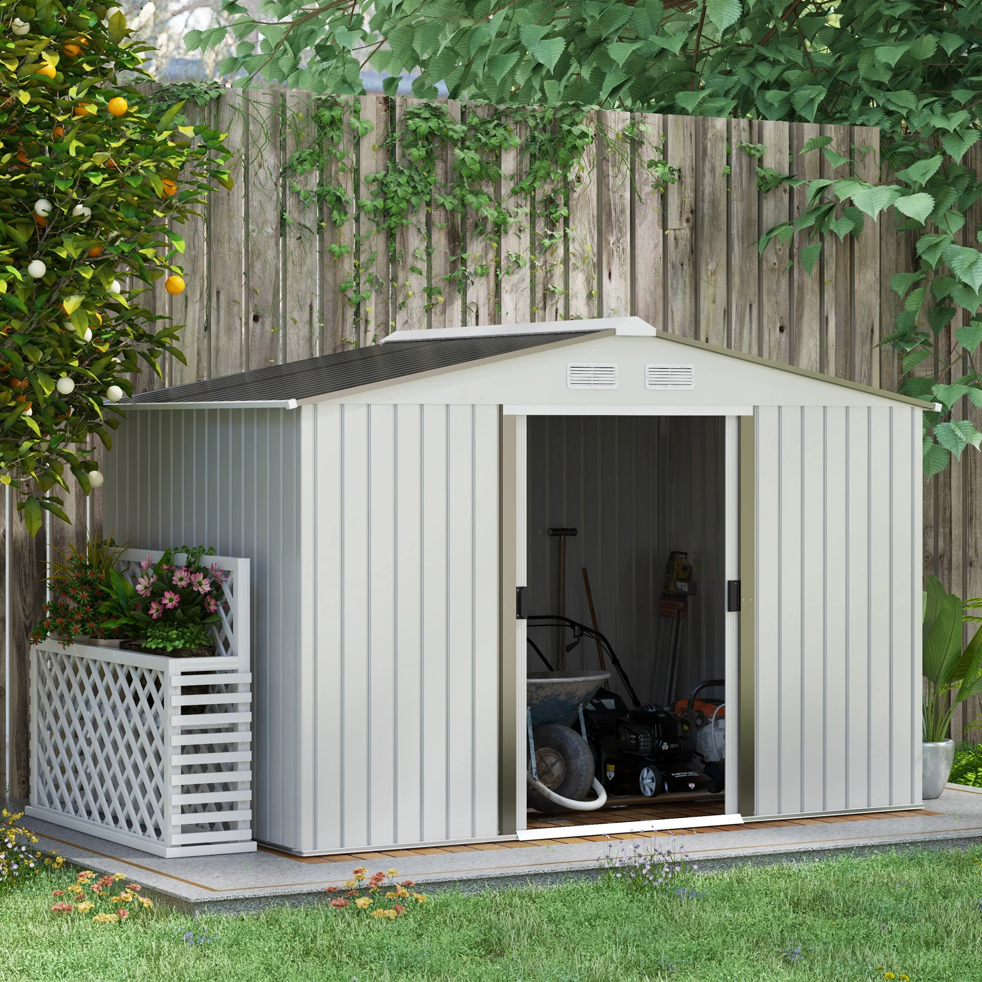 EverBase 9' x 6' Metal Garden Storage Shed with Foundation Kit & Double Doors, Silver - Image 3
