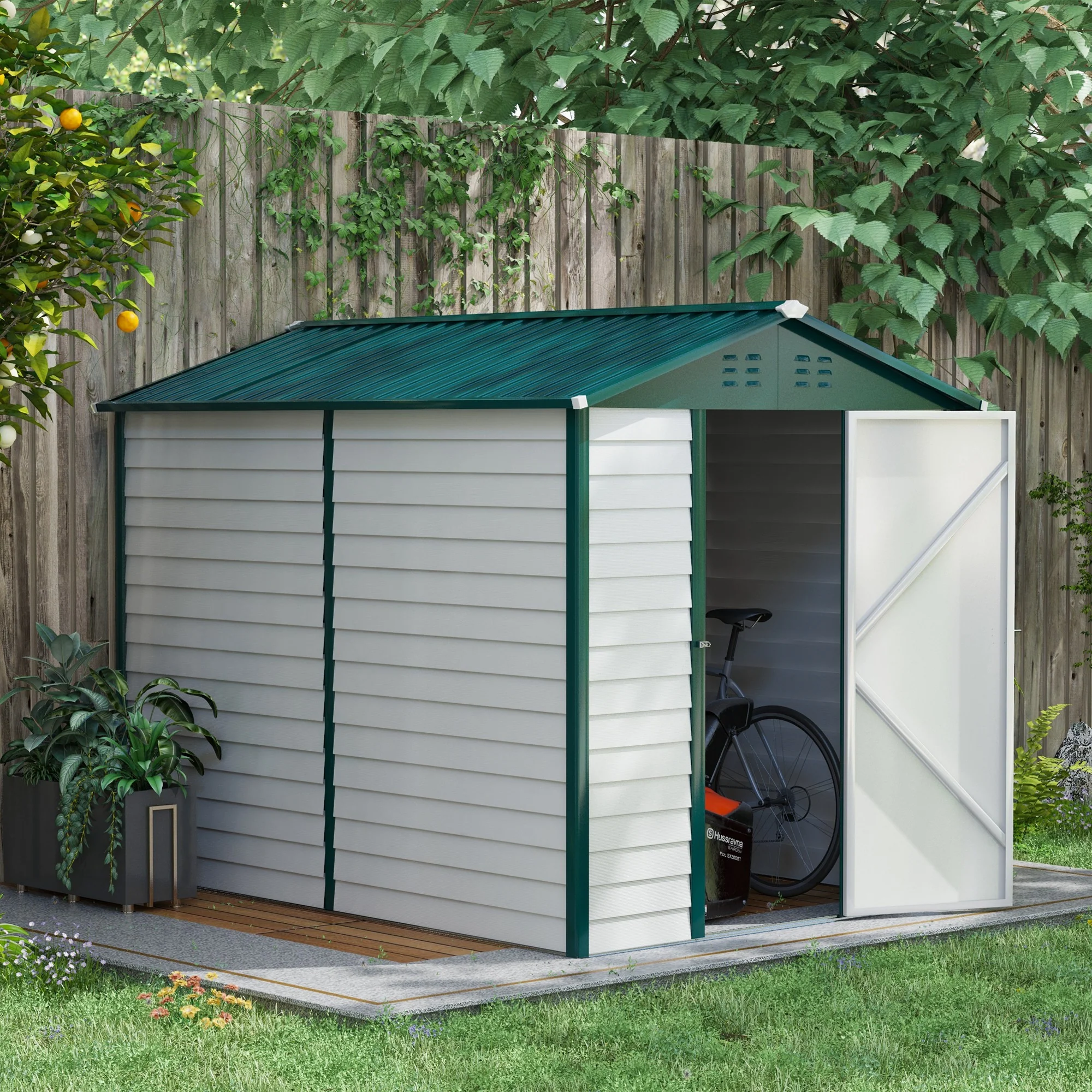 9 x 6FT Outdoor Metal Storage Shed with Window, Lockable Door for Yard, Patio, Lawn, Green - Image 4