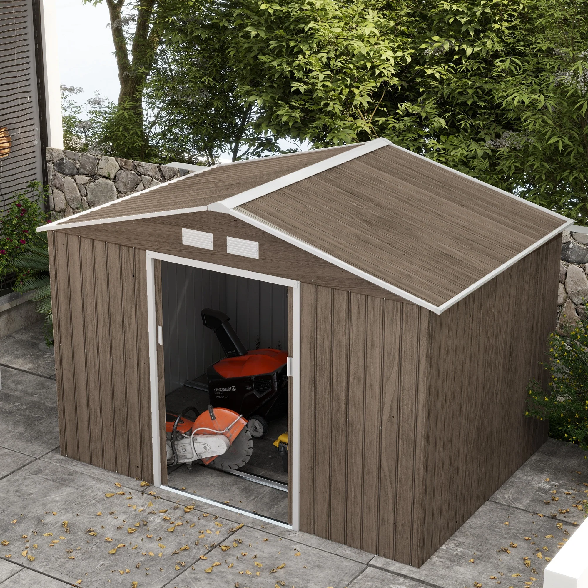 EverBase 9 x 6ft Metal Garden Shed with Double Sliding Doors & Shutter Vents, Light Brown - Image 10