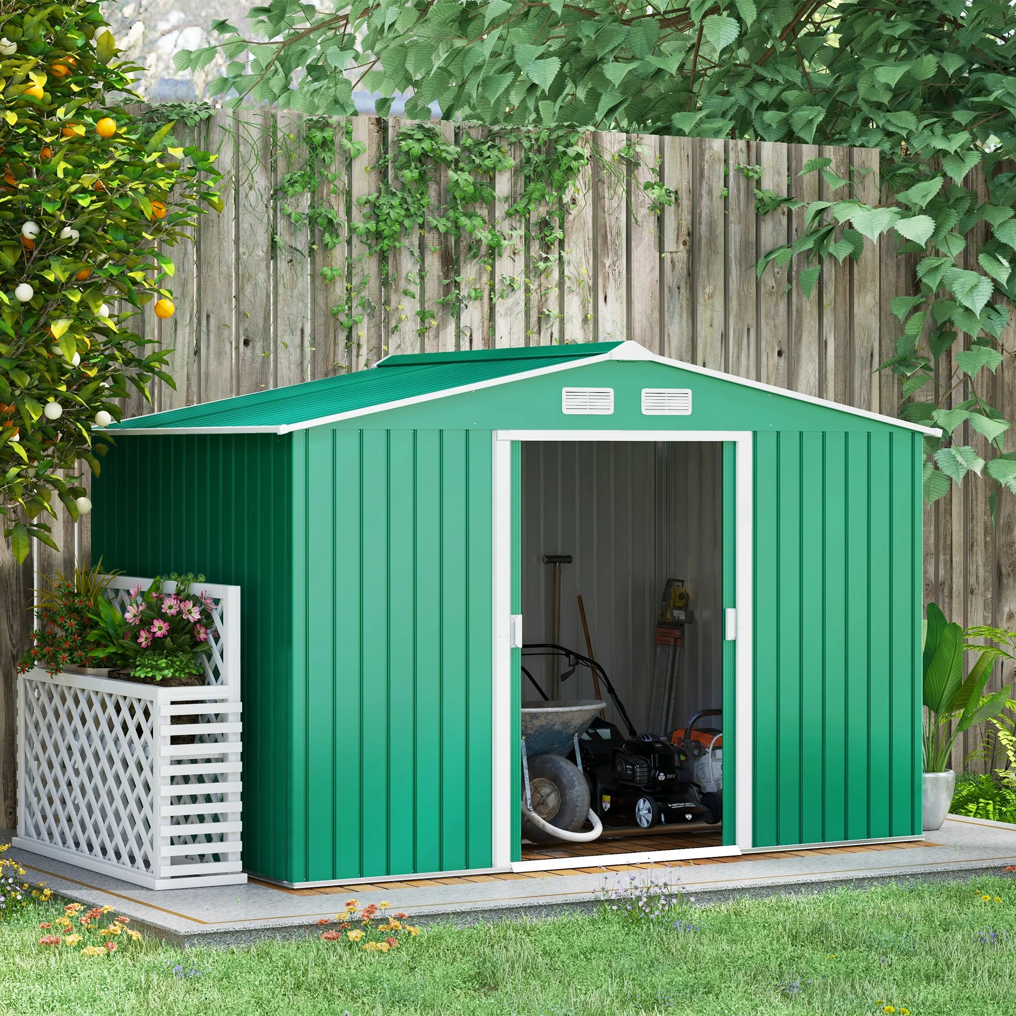 EverBase 9 x 6ft Metal Garden Shed with Double Sliding Doors & Shutter Vents, Green - Image 3