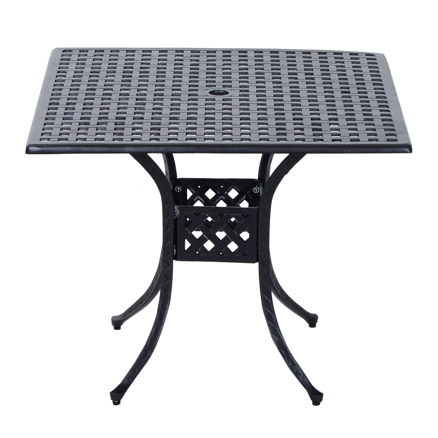 90 x 90cm Square Garden Dining Table with 46.5mm Dia. Umbrella Hole, Cast Aluminium Outdoor Dining Table, Grid Motif Outdoor Table for Garden, Patio, Porch, Black - Image 2