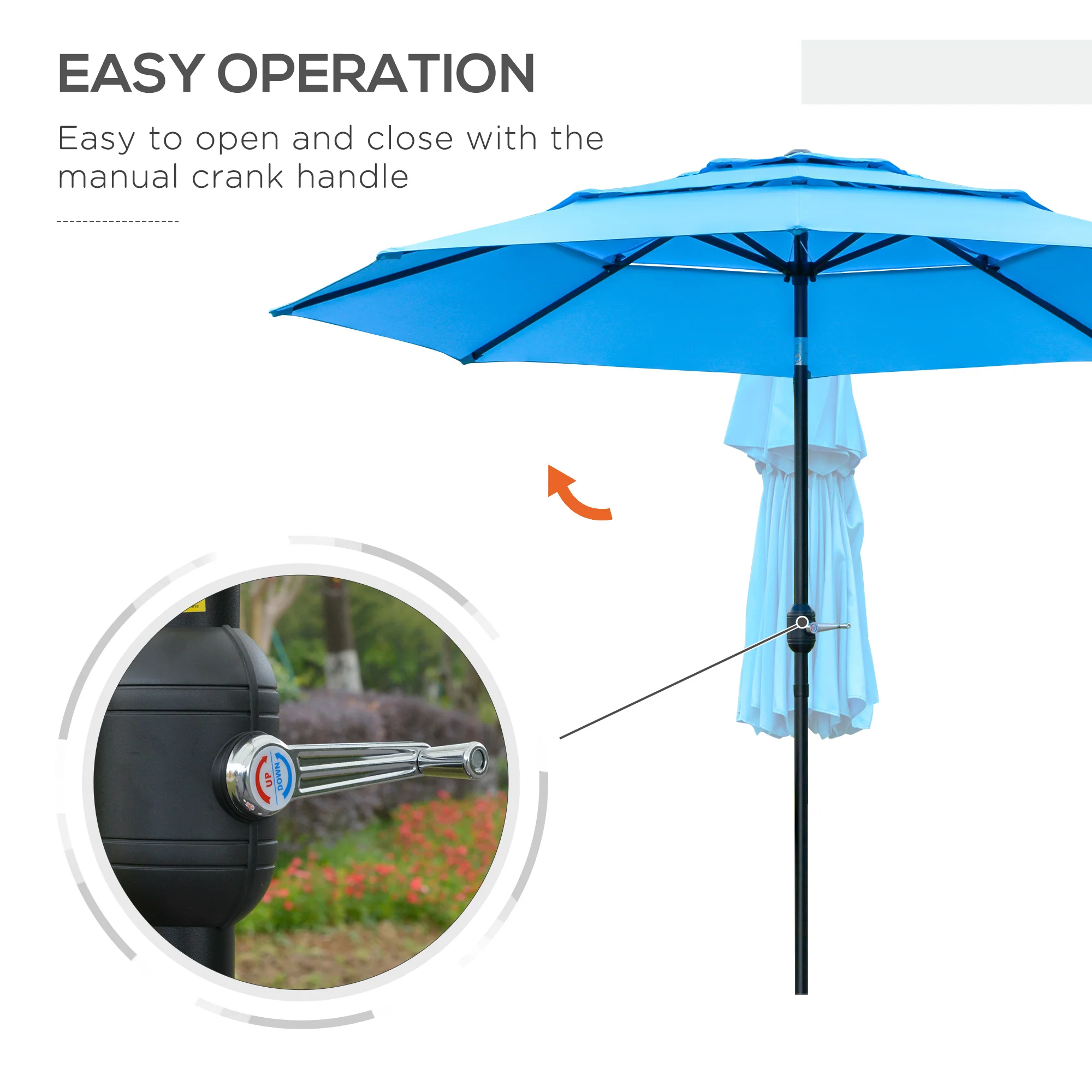 9' 3-Tier Market Umbrella with Push-Button Tilt & Crank, Sky Blue - Image 7