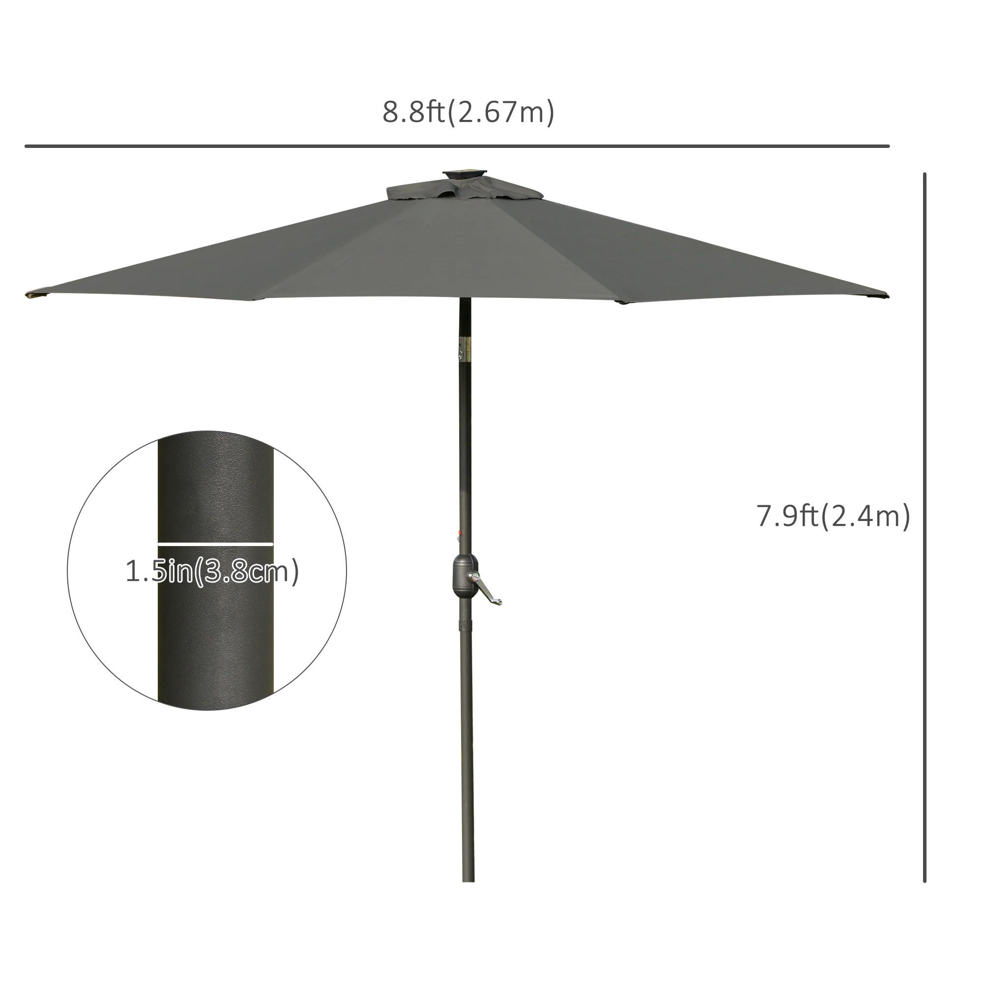 9ft Solar Patio Umbrella Outdoor Sunshade 24 LED Lights Tilt Canopy, Charcoal Grey - Image 5