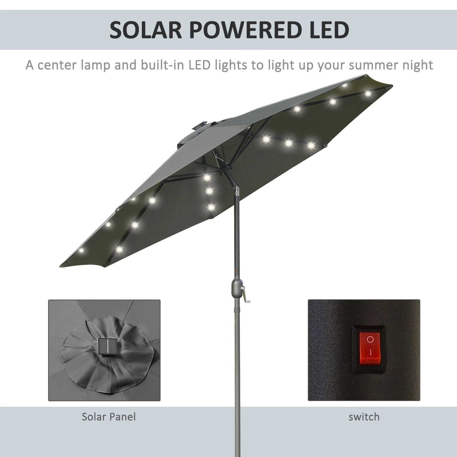 9ft Solar Patio Umbrella Outdoor Sunshade 24 LED Lights Tilt Canopy, Charcoal Grey - Image 6