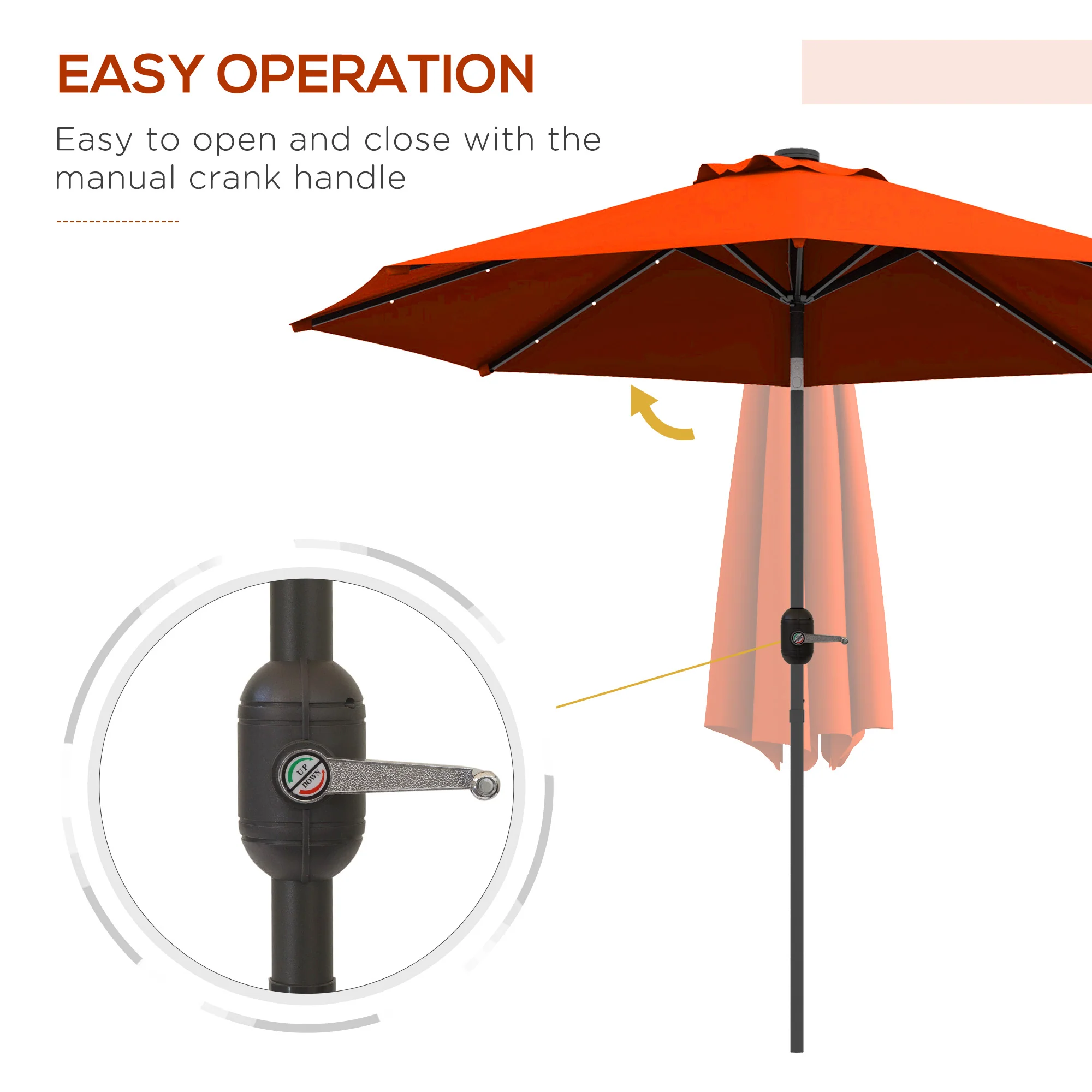 9ft Solar Patio Umbrella Outdoor Sunshade 24 LED Lights Tilt Canopy, Orange - Image 9