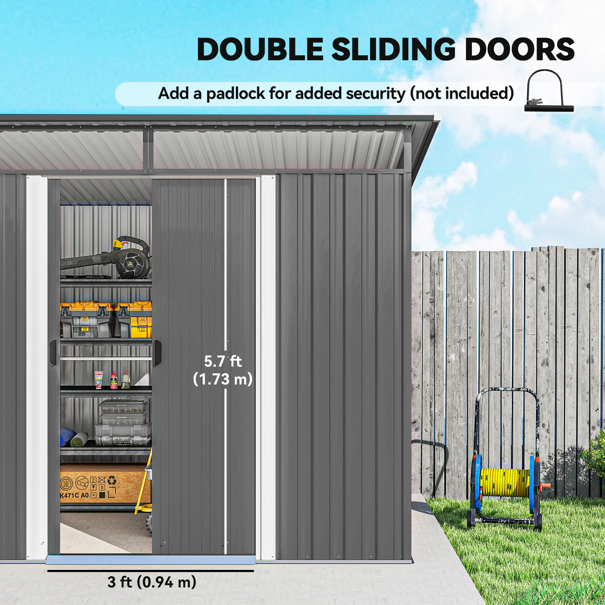 9ft x 6.5ft Metal Shed with Lightsky Panels, Garden Storage Tool House with Double Doors for Garden, Patio and Lawn, Light Grey - Image 7