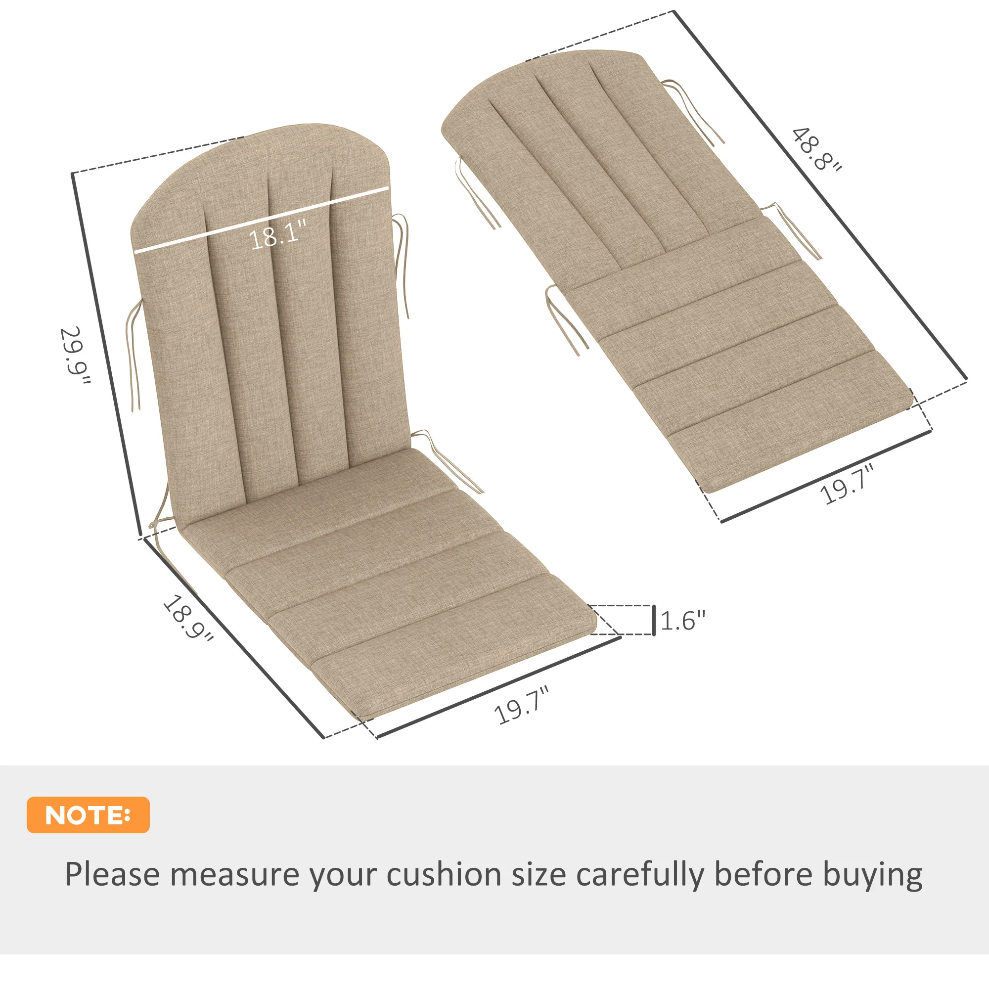Adirondack Chair Cushion Set of 4, Outdoor Chair Cushions with Ties, 25D High-Density Foam, High Back Patio Chair Cushions, Fade Resistant for Patio Furniture, 49" x 20" x 2", Beige - Image 5