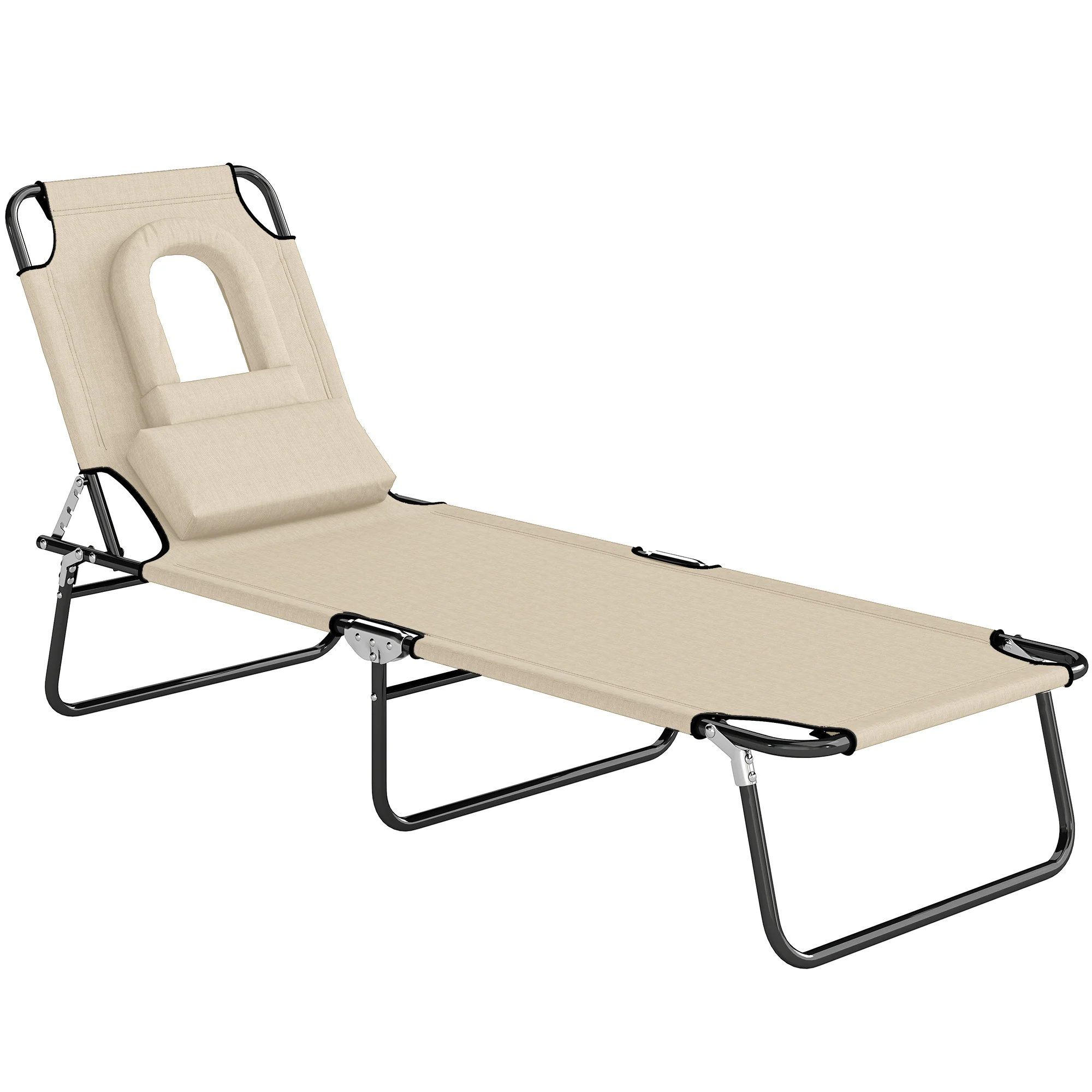 Outdoor Lounge Chair, Garden Folding Chaise Lounge w/ Adjustable Backrest, Face Hole and Support Pillow, Beige - Image 12