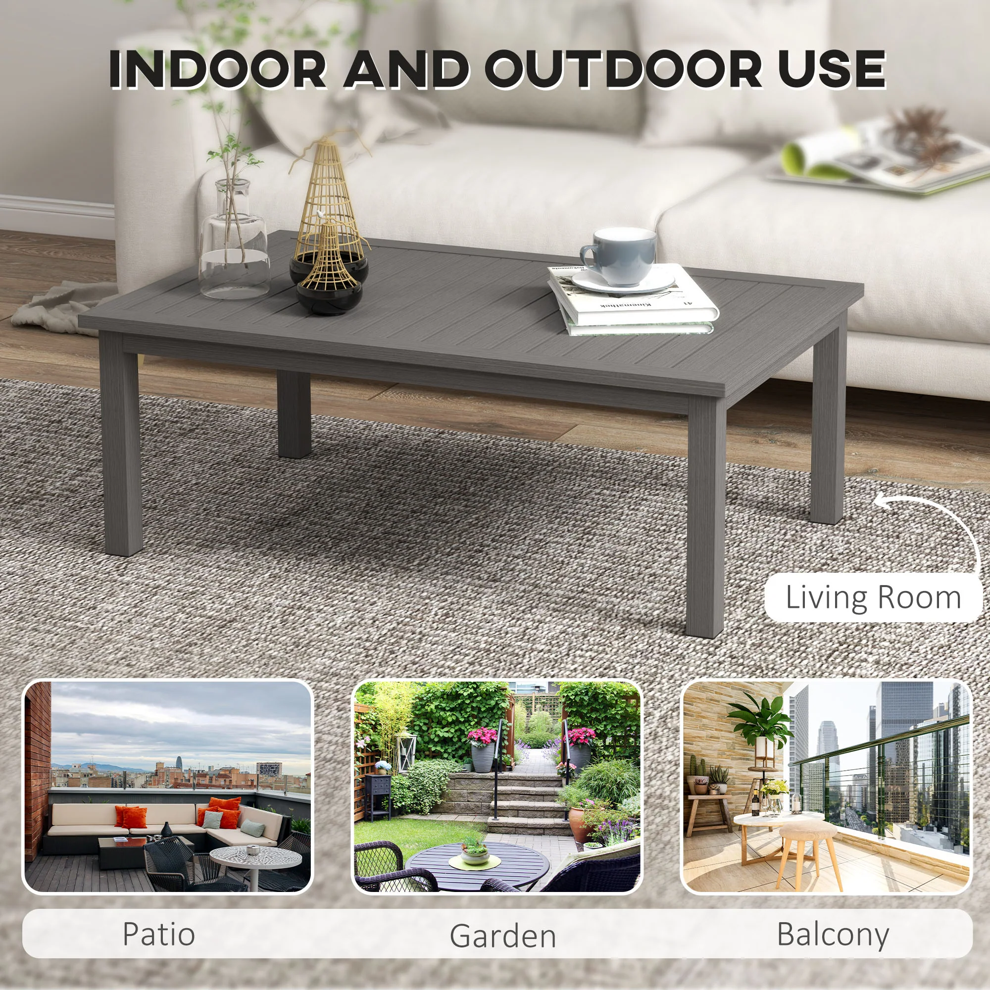 Aluminium Patio Side Table with Wood Grain Effect & Slat Tabletop, 100cm x 60cm, Brown - Image 8