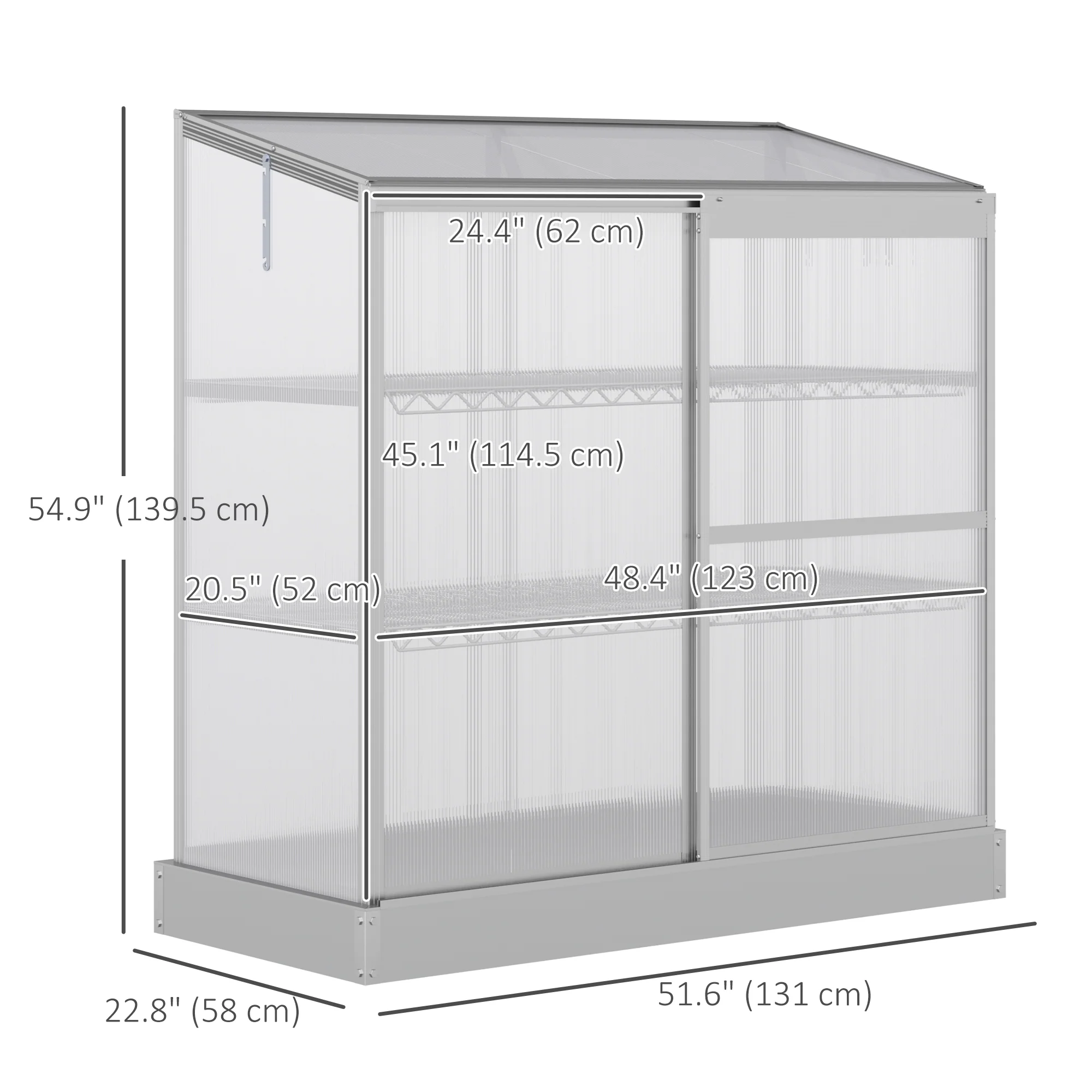 52" x 23" x 55" Aluminum Cold Frame Greenhouse with Openable Top & 2 Shelves, Silver - Image 5