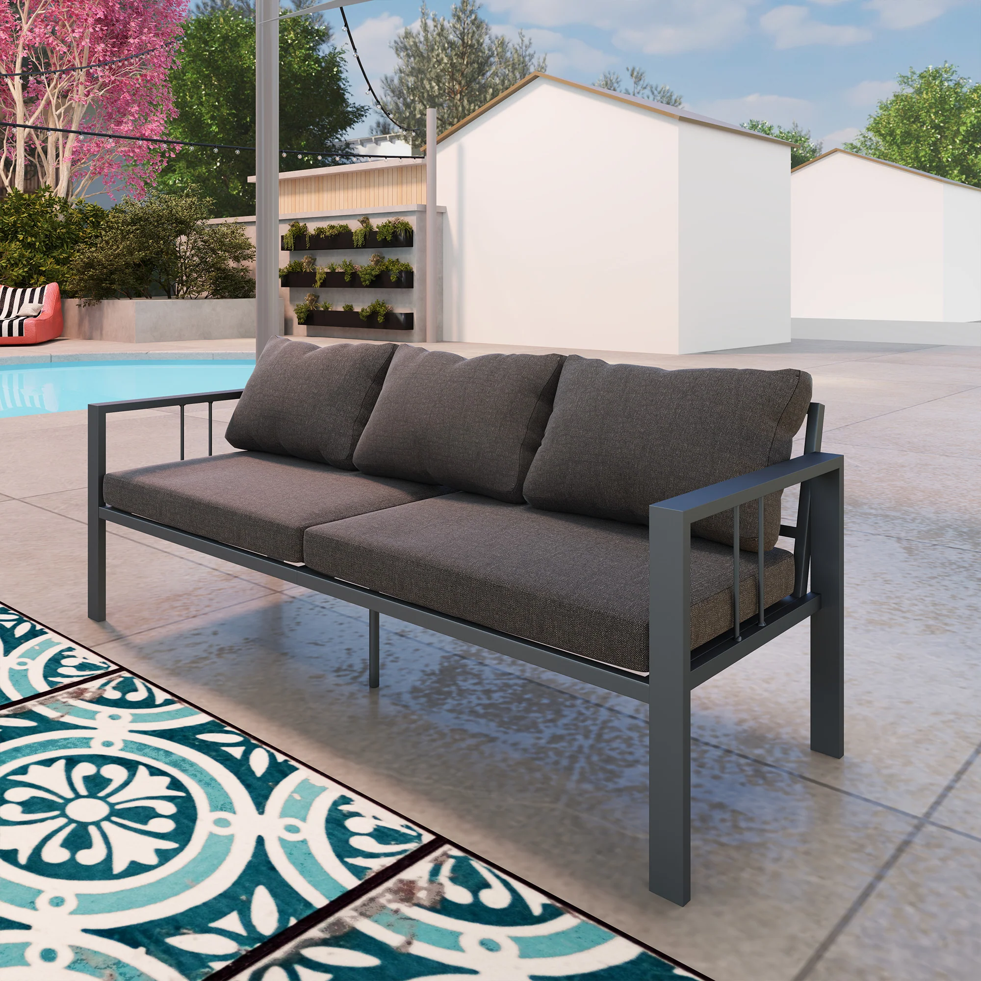 3-Seat Aluminum Outdoor Couch Patio Sofa with Cushions, Wide Seat & Armrests, Dark Grey - Image 10