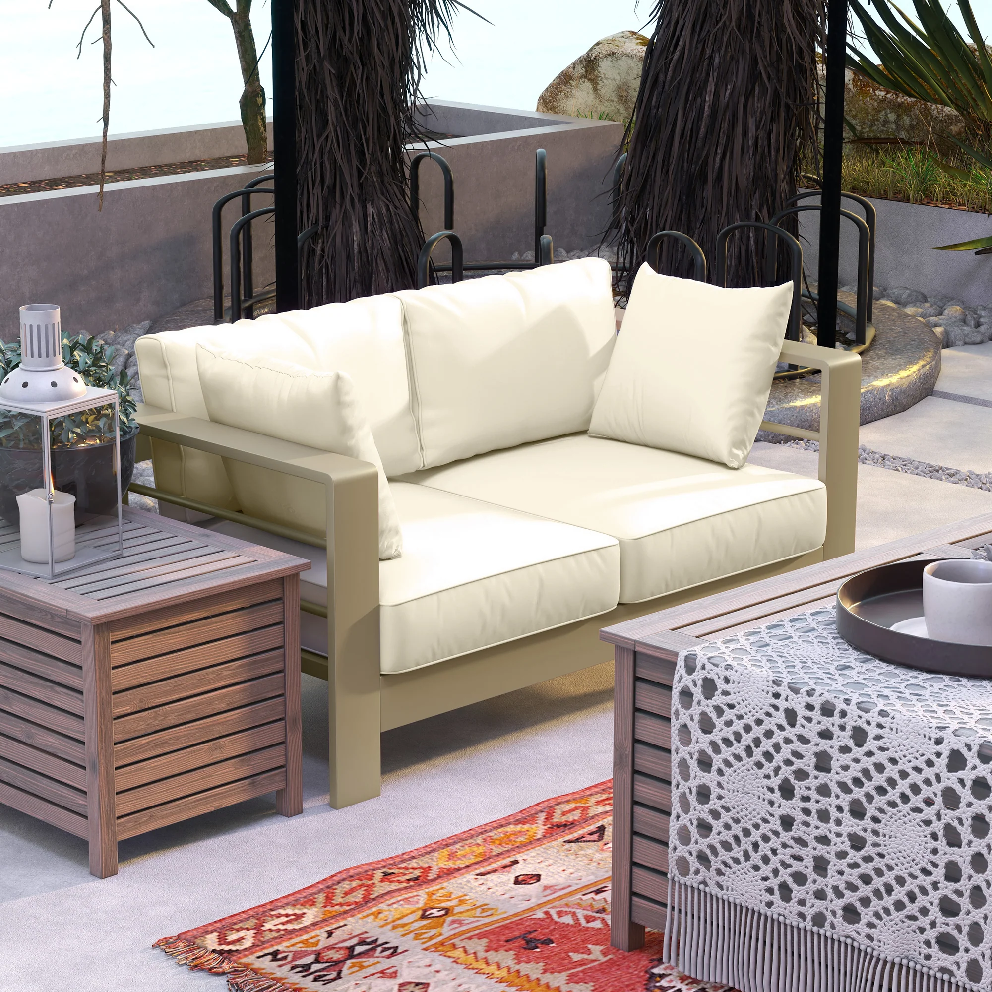 2-Seat Outdoor Patio Loveseat, Garden Sofa with Cushions & Wide Armrests, Cream White - Image 4