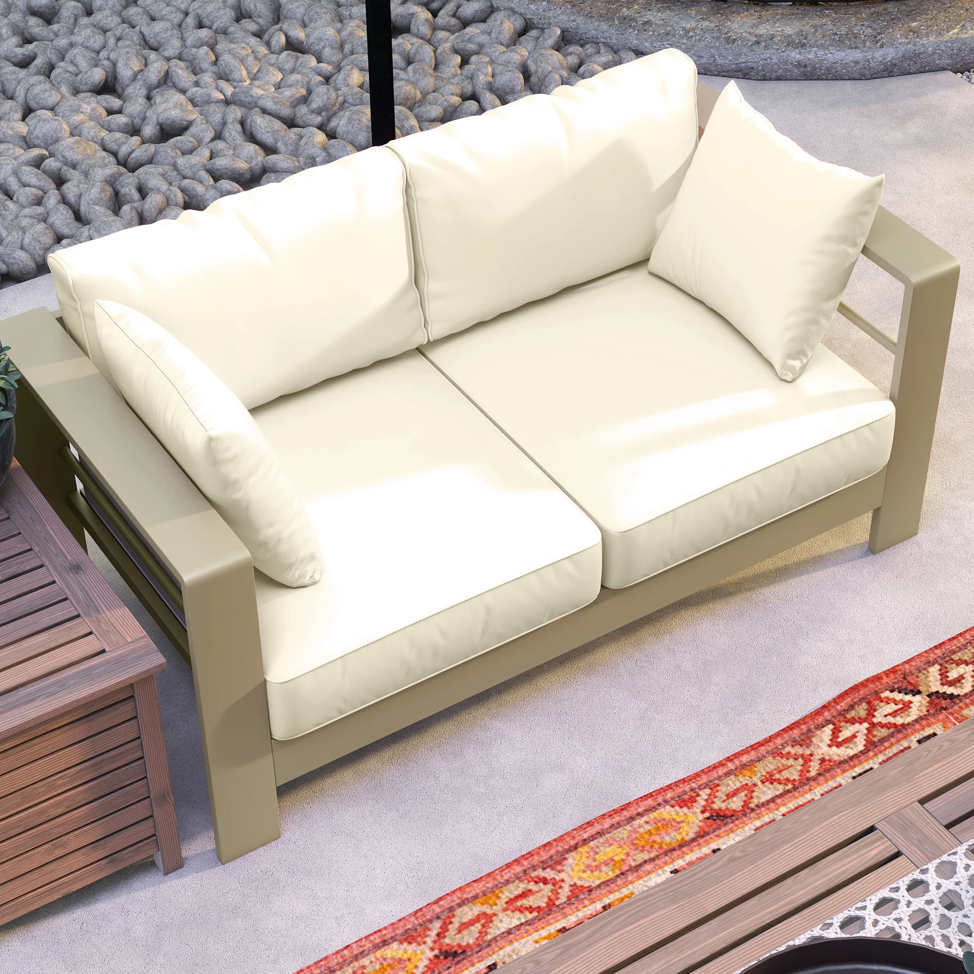 2-Seat Outdoor Patio Loveseat, Garden Sofa with Cushions & Wide Armrests, Cream White - Image 9