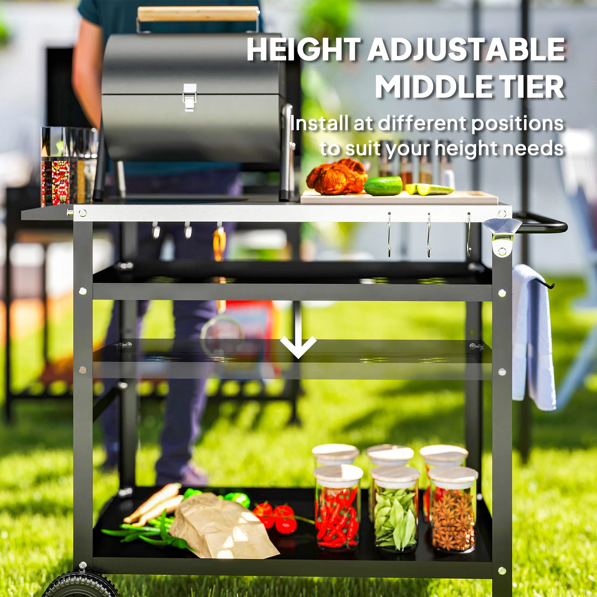 BBQ Trolley with Pizza Oven Table & Adjustable Shelf, Outdoor Grill Dining Cart, Black - Image 8