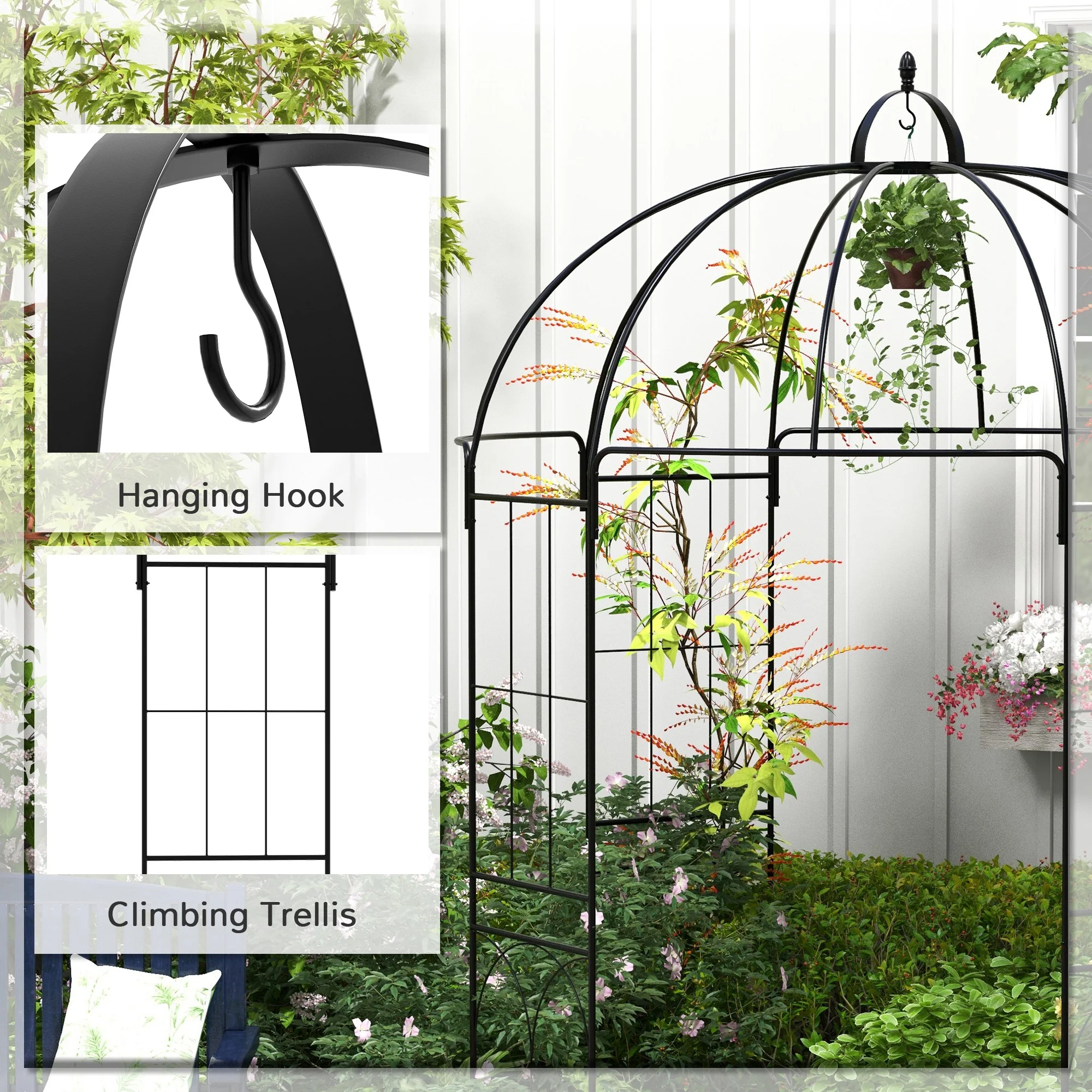 Birdcage Shape Garden Arbour, Metal Gazebo Pavilion, French Arch Trellis with Hook, Black - Image 8