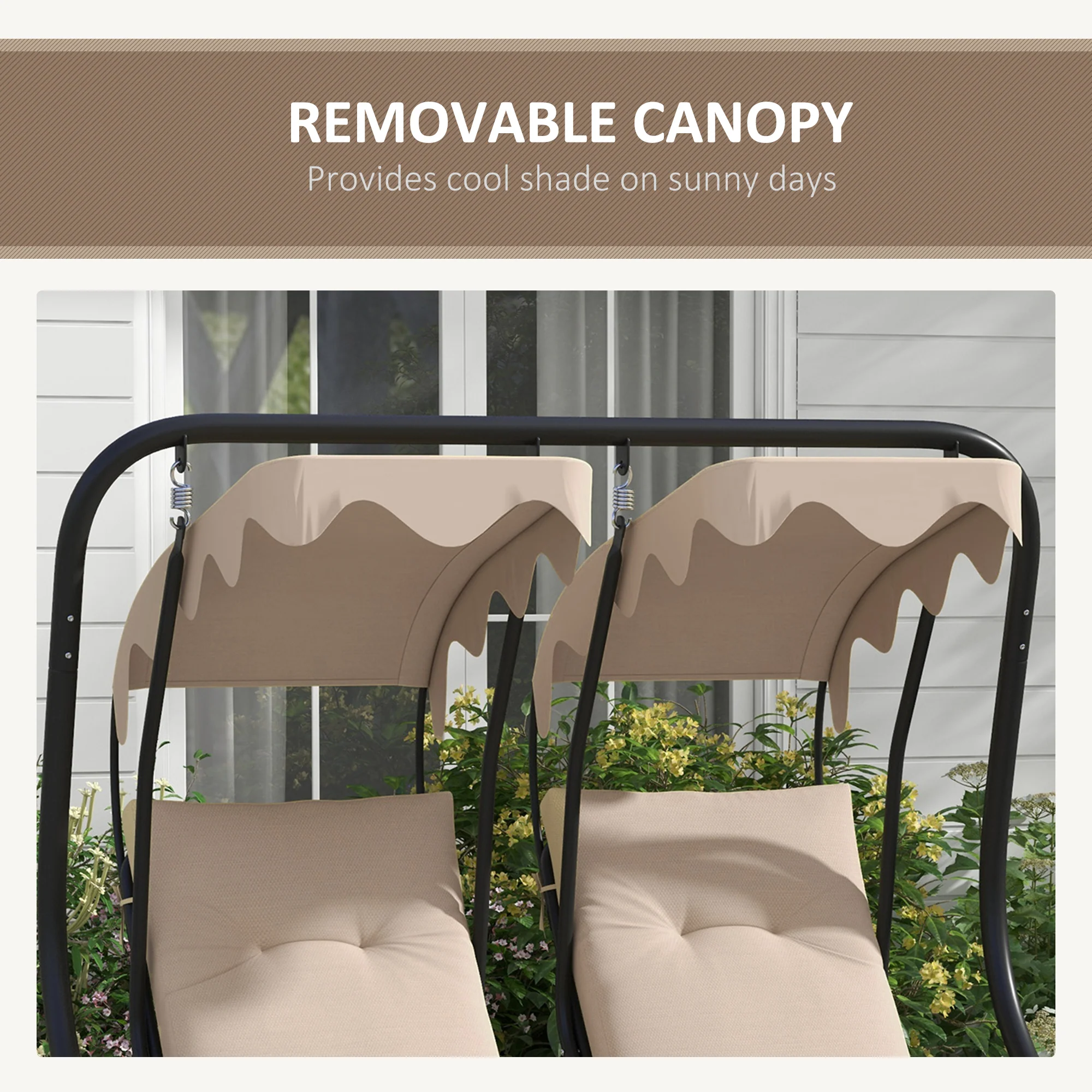 Modern Swing Chair with 2 Separate Chairs, Cushions & Removable Shade Canopy, Beige - Image 9