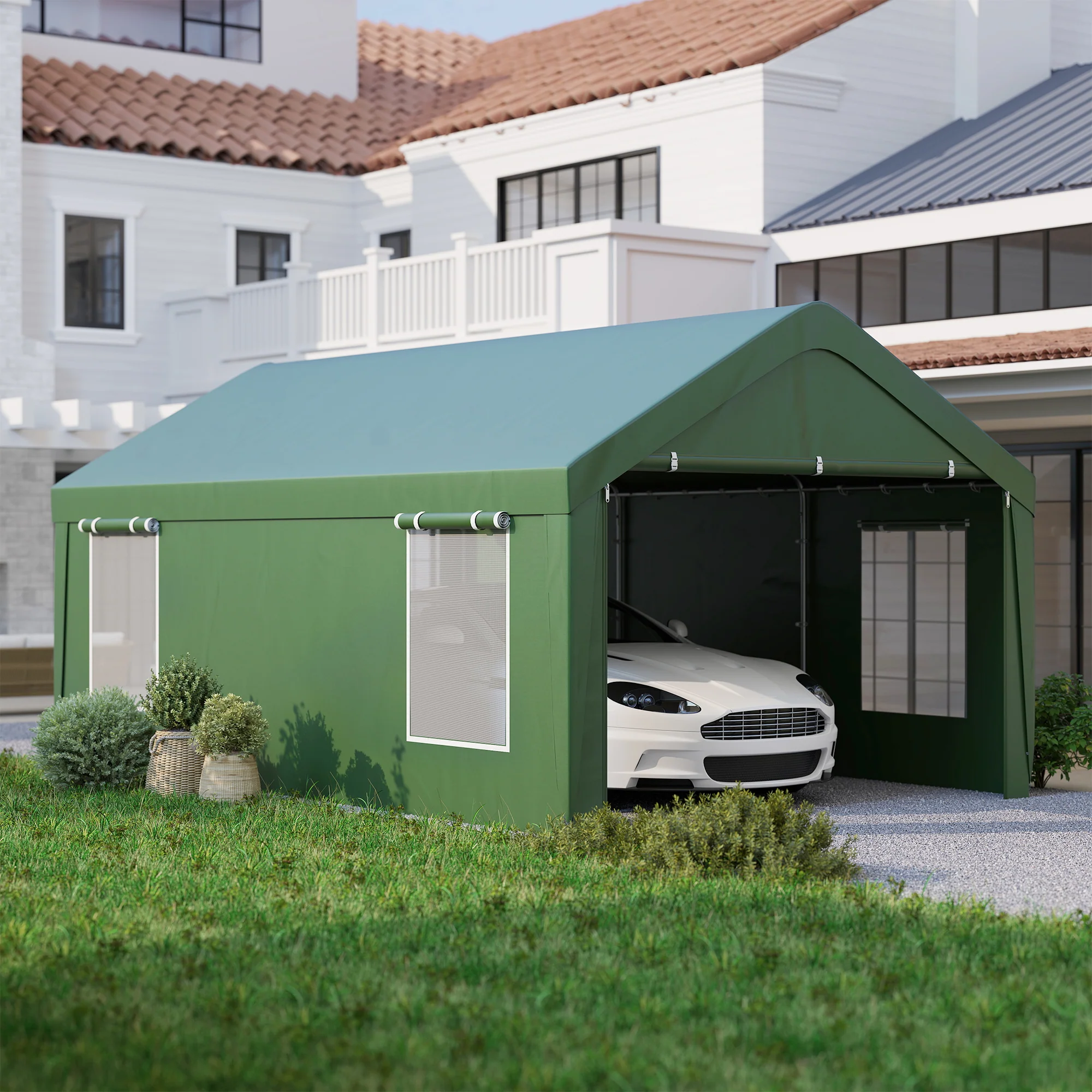 12' x 20' Portable Garage with 2 Roll-Up Doors, 4 Windows, Dark Green - Image 11
