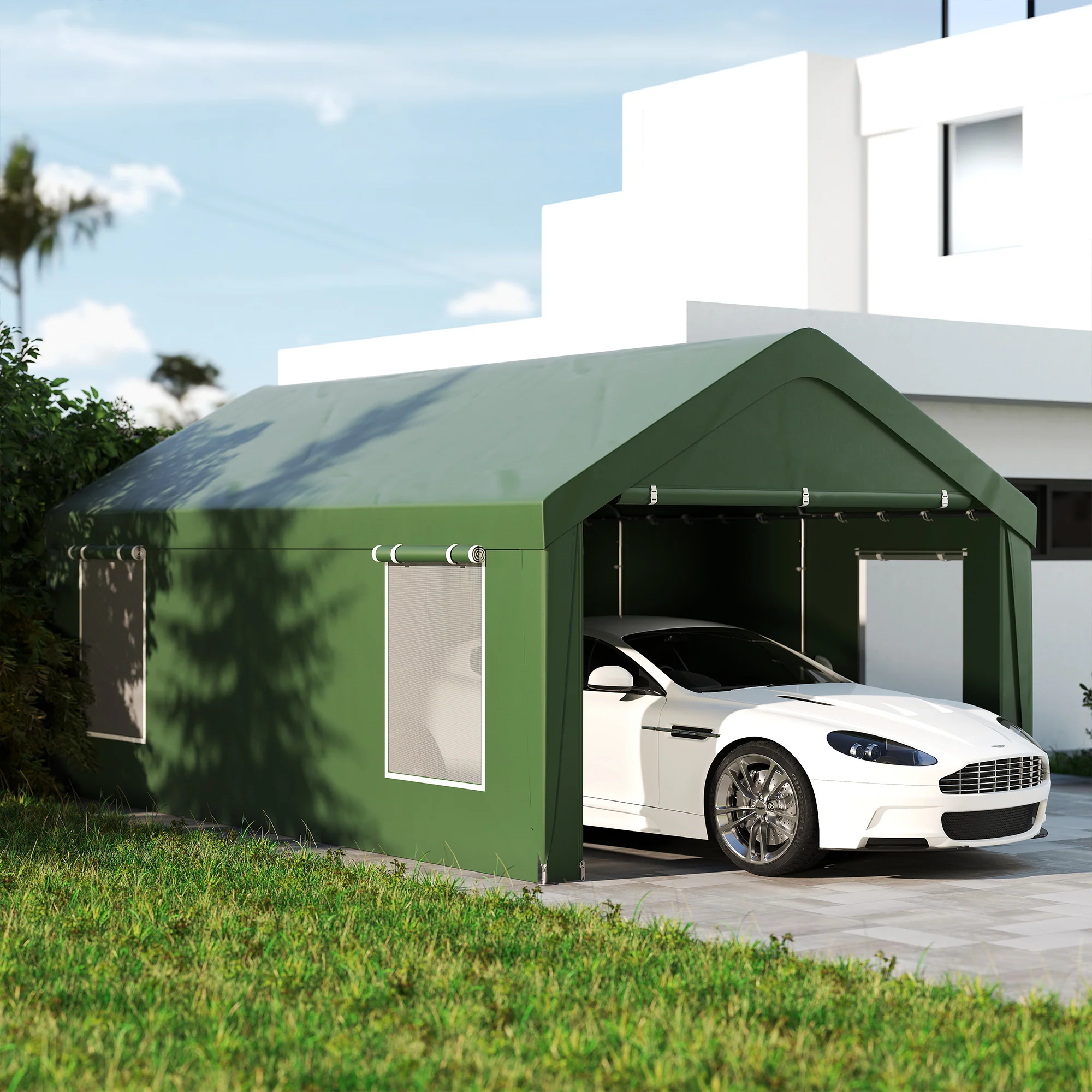 12' x 20' Portable Garage with 2 Roll-Up Doors, 4 Windows, Dark Green - Image 3