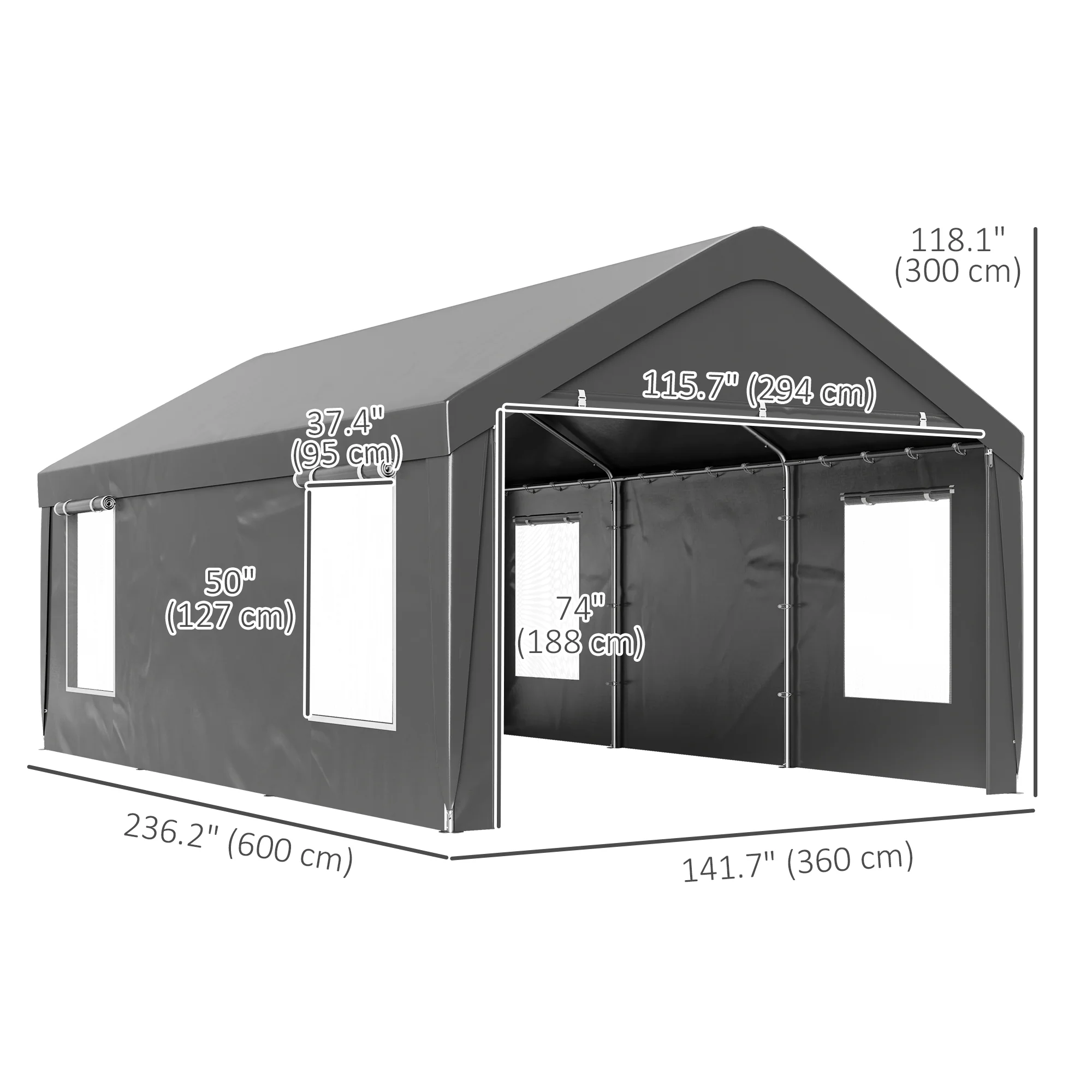 12' x 20' Portable Garage with 2 Roll-Up Doors, 4 Windows, Dark Grey - Image 5