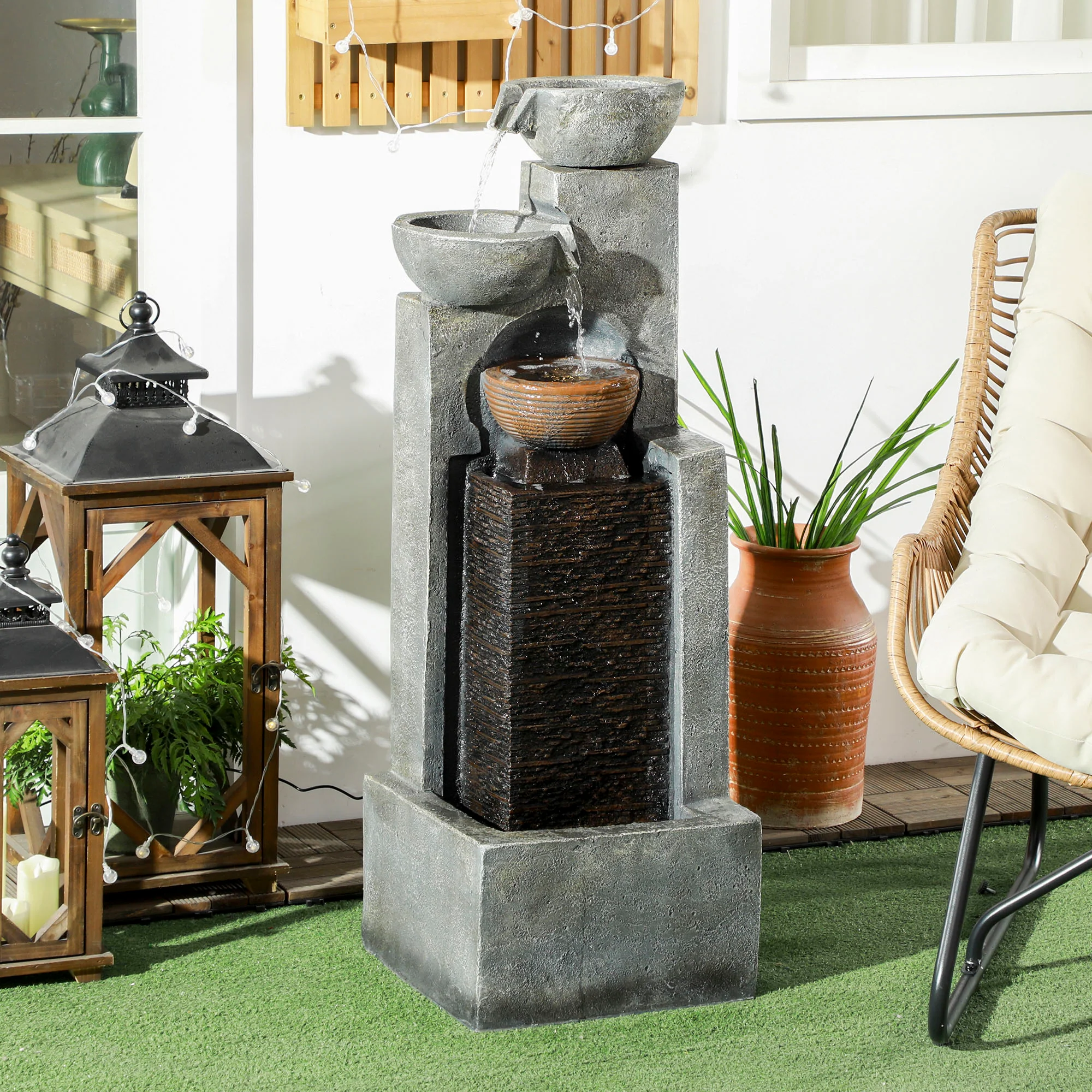 5-Tier Cascading Bowls Waterfall Fountain with LED Lights, Adjustable Flow for Garden - Image 4