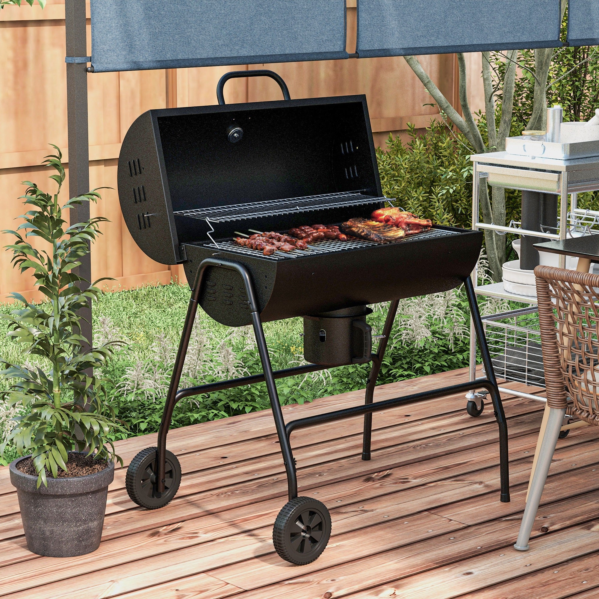 Charcoal Barbecue Grill, Portable Barrel BBQ Trolley Smoker with Wheels, Ash Catcher and Thermometer for Outdoor Garden Party Cooking, Black - Image 3